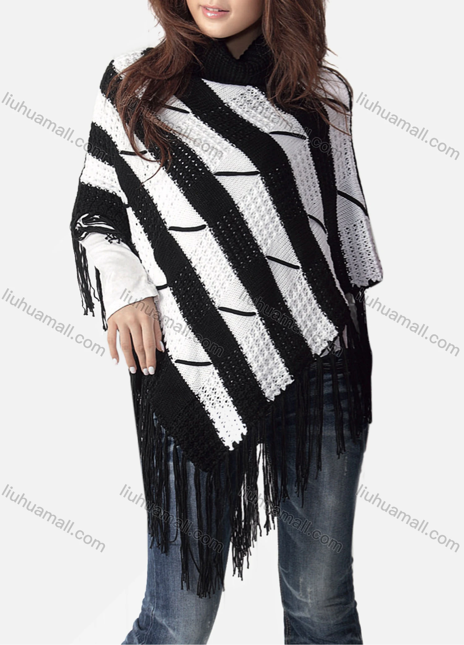 Wholesale Women's Casual Turtleneck Half Sleeve Scarf Hem Striped Knit Cape 2982# - Liuhuamall