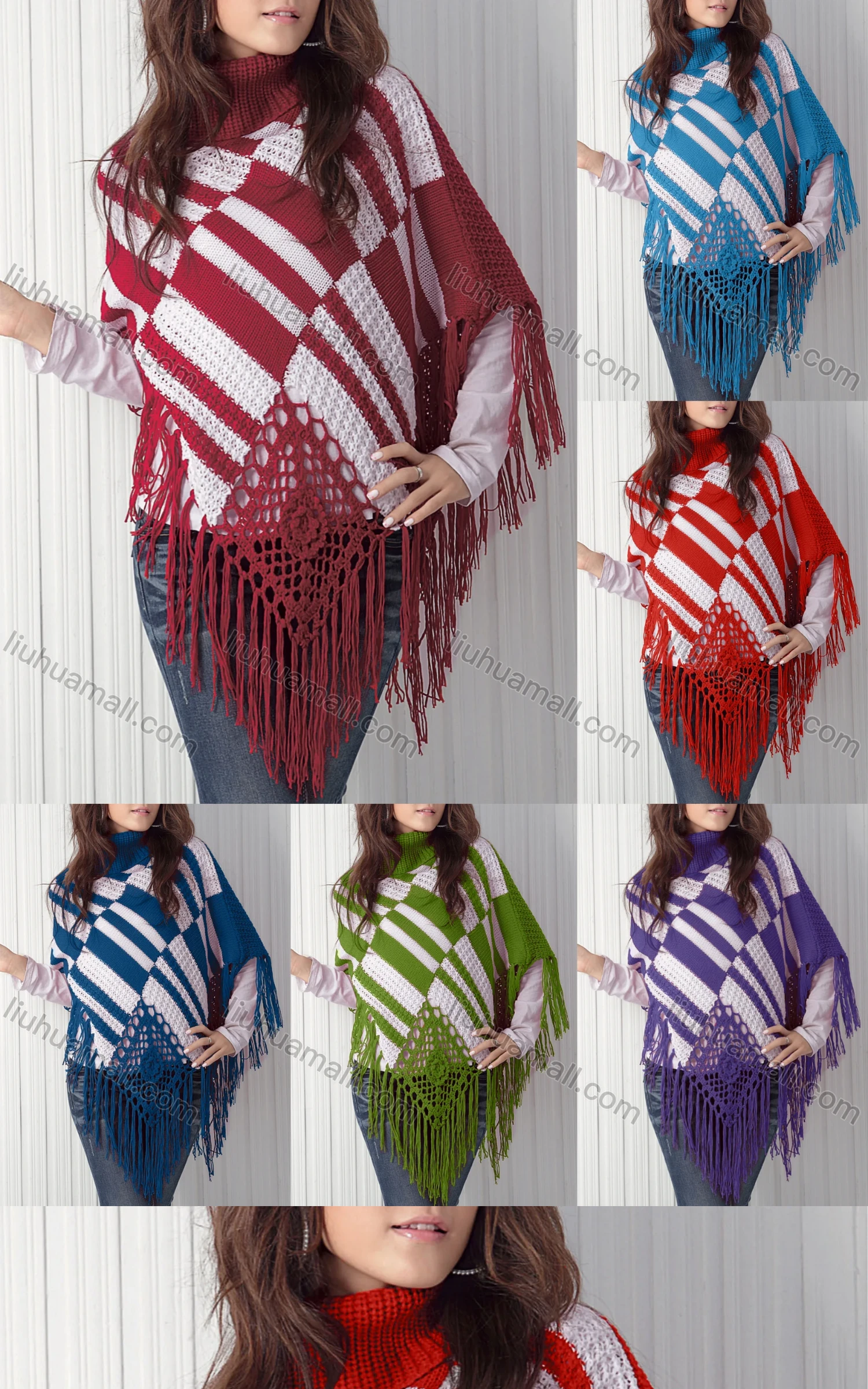Wholesale Women's Casual Turtleneck Half Sleeve Scarf Hem Striped Knit Cape 2983# - Liuhuamall