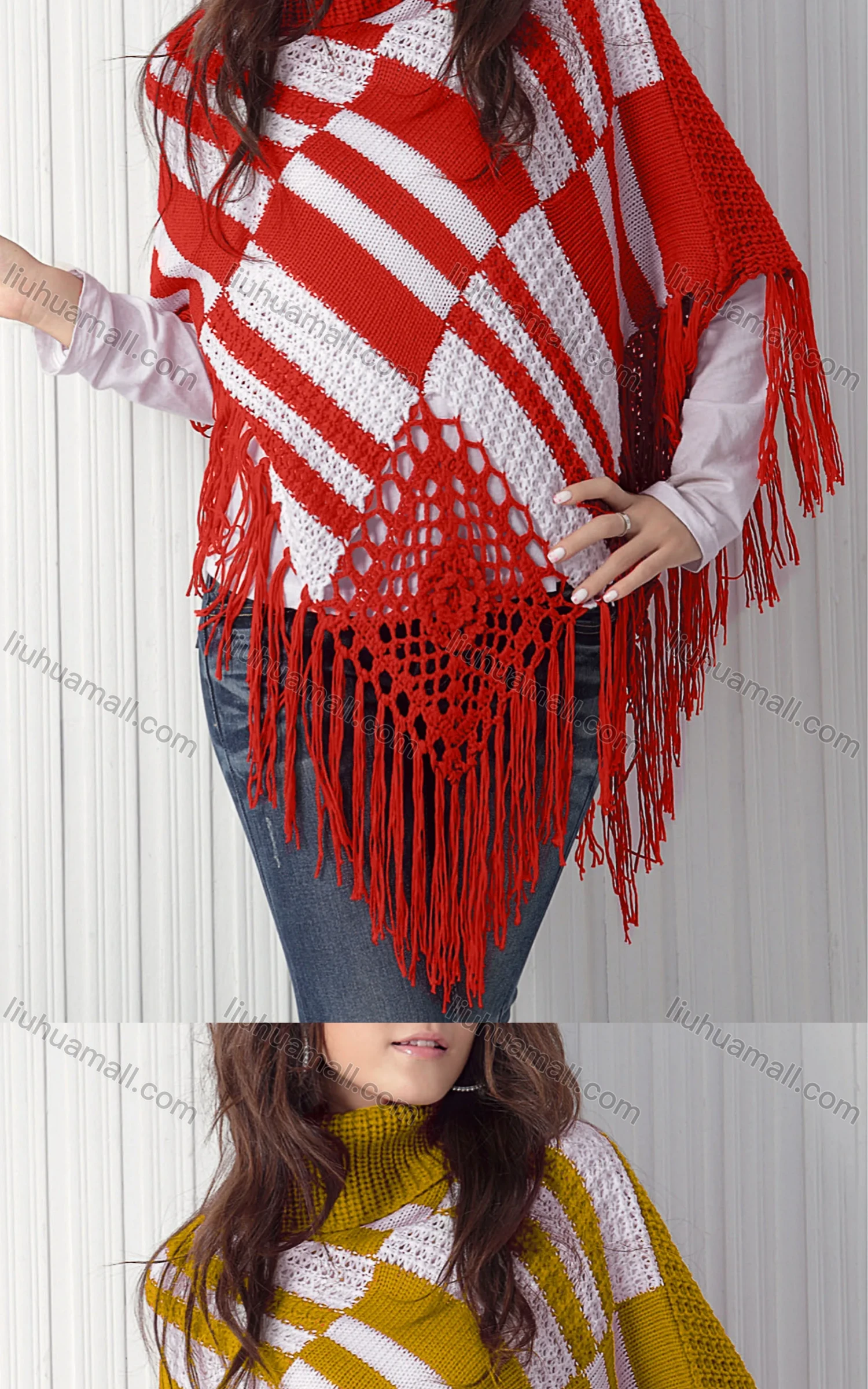 Wholesale Women's Casual Turtleneck Half Sleeve Scarf Hem Striped Knit Cape 2983# - Liuhuamall