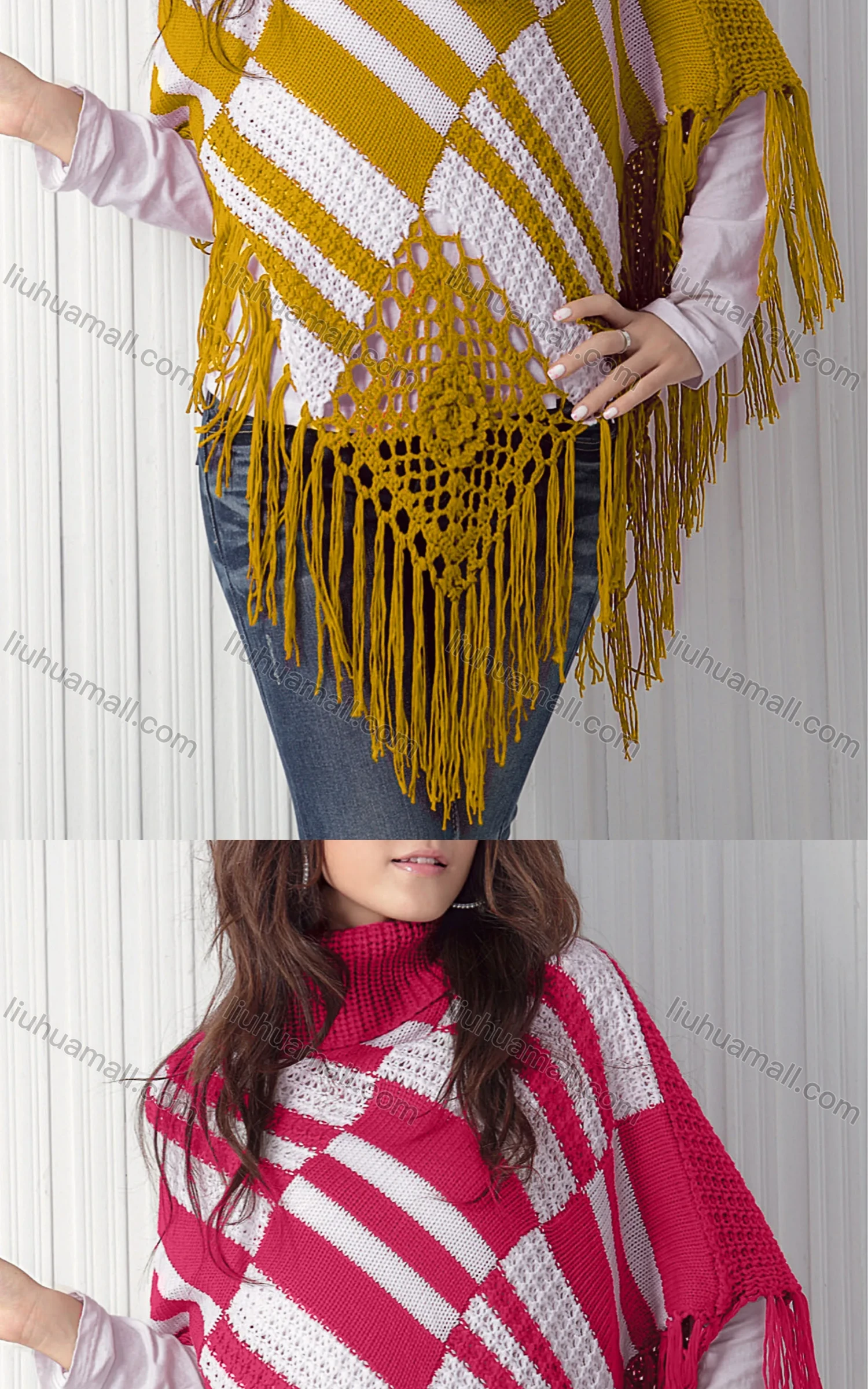 Wholesale Women's Casual Turtleneck Half Sleeve Scarf Hem Striped Knit Cape 2983# - Liuhuamall
