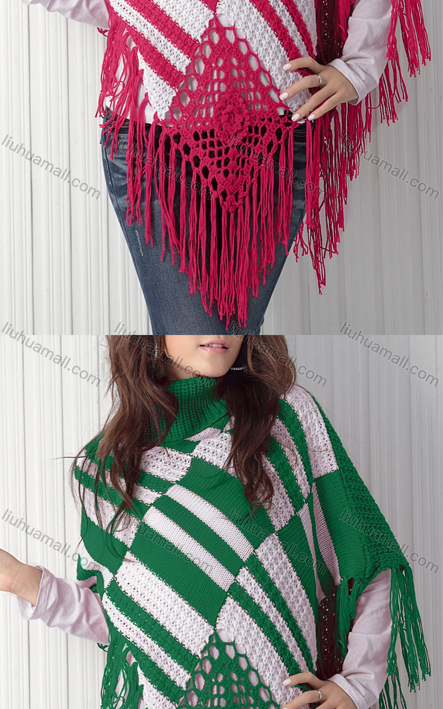 Wholesale Women's Casual Turtleneck Half Sleeve Scarf Hem Striped Knit Cape 2983# - Liuhuamall