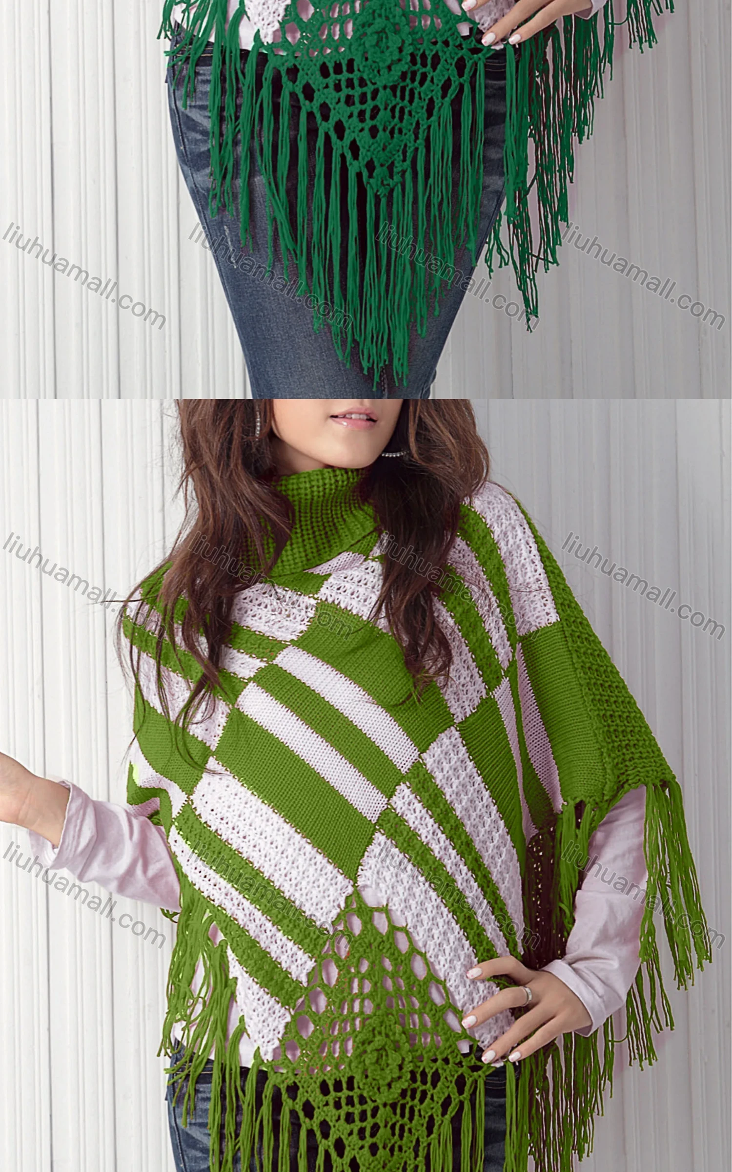 Wholesale Women's Casual Turtleneck Half Sleeve Scarf Hem Striped Knit Cape 2983# - Liuhuamall