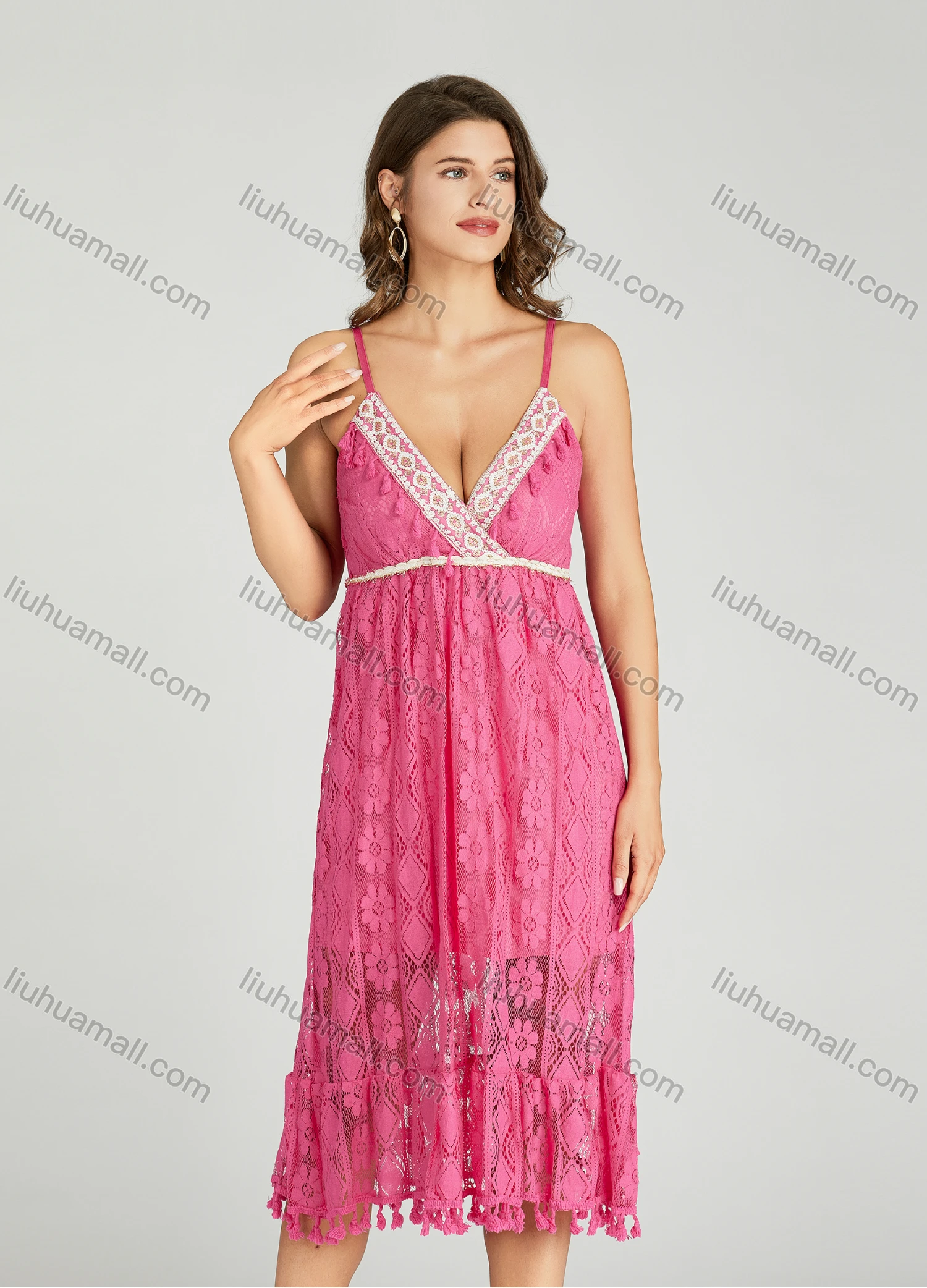 Wholesale Women's Sexy Plain Splicing Tassel Guipure Lace Ruffle Hem Midi Cami Dress - Liuhuamall