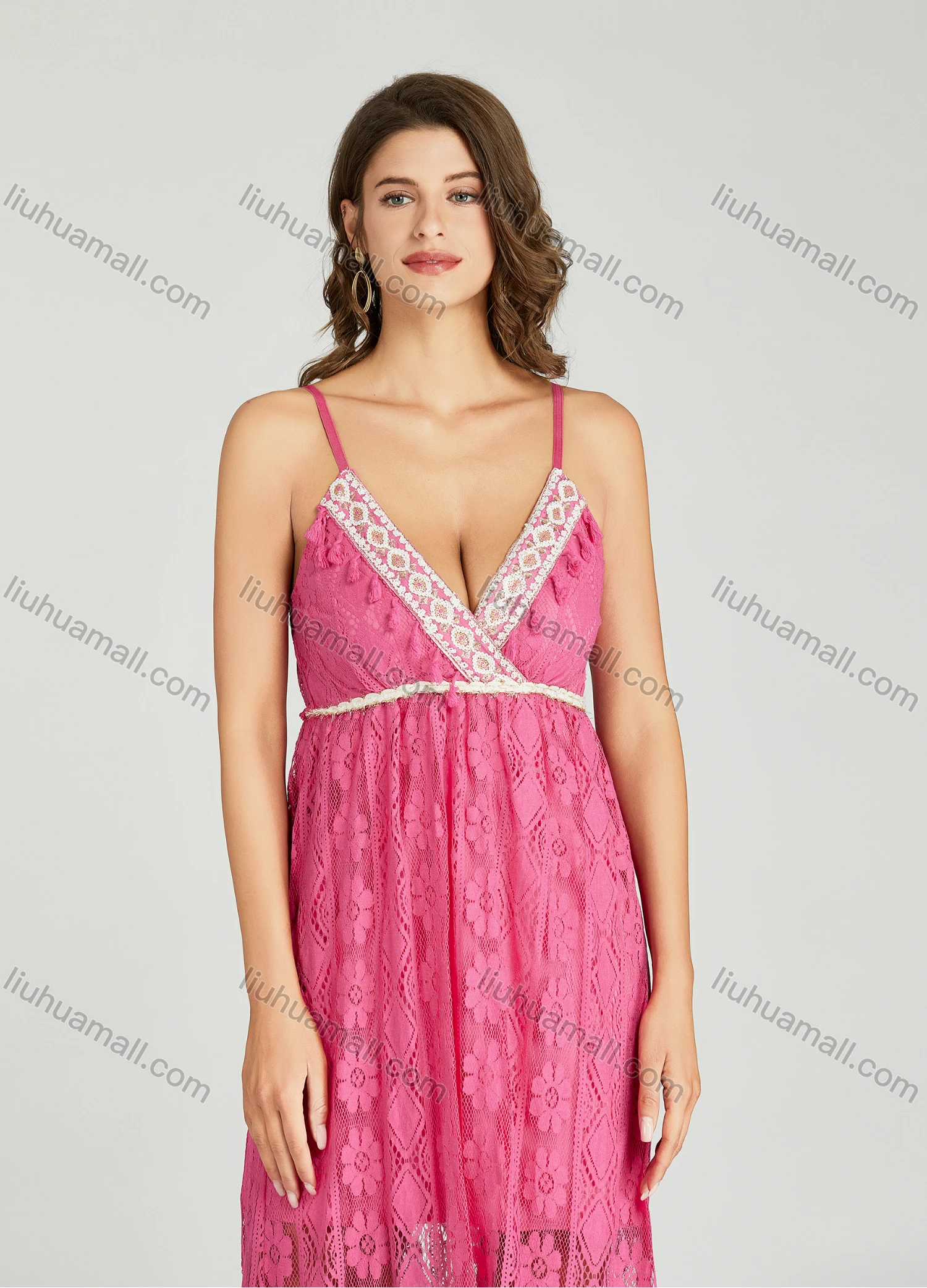 Wholesale Women's Sexy Plain Splicing Tassel Guipure Lace Ruffle Hem Midi Cami Dress - Liuhuamall