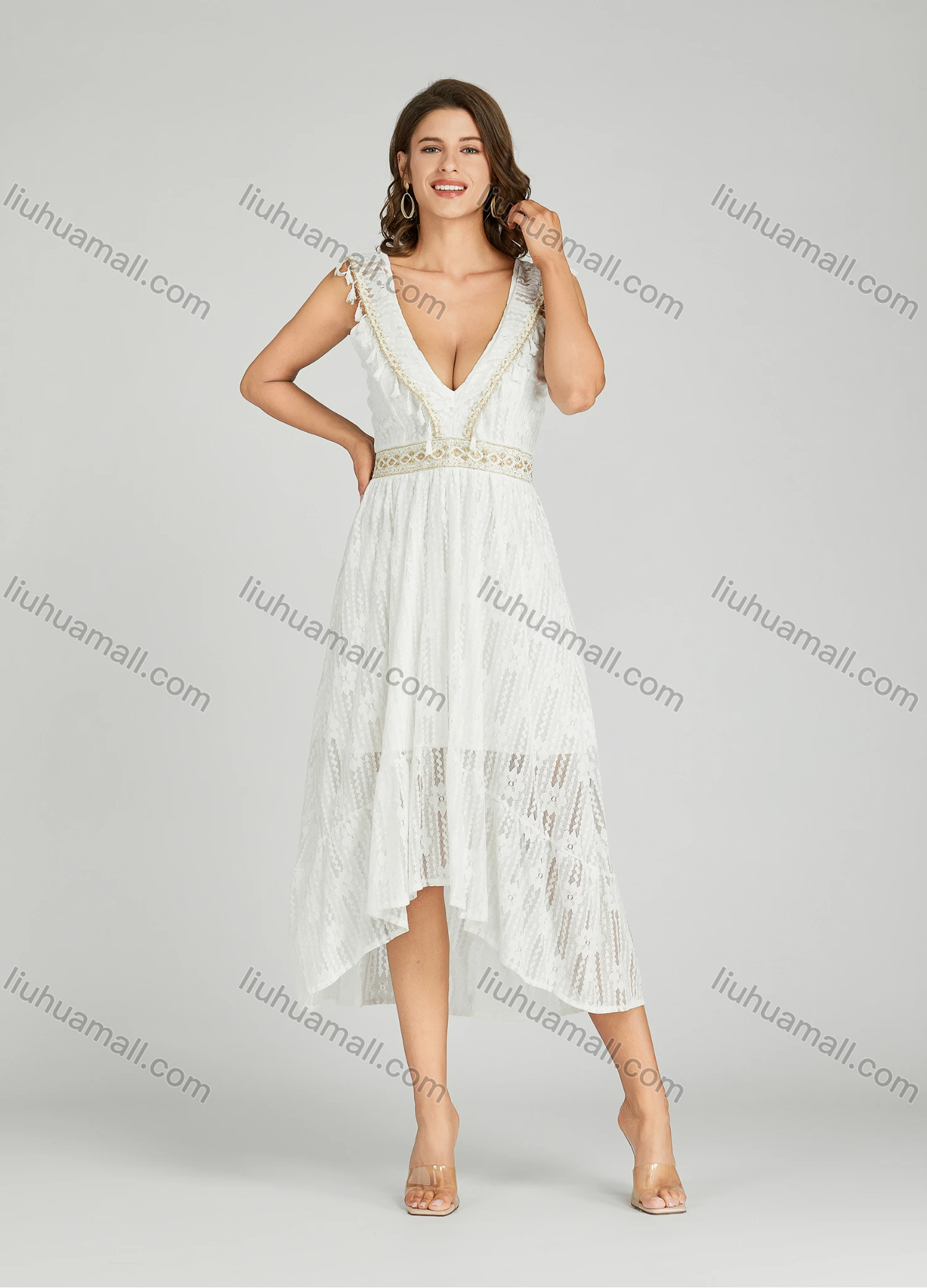 Wholesale Women's Sexy Plain Deep V Neck Tassel High Low Hem Sheer Lace Midi Dress - Liuhuamall