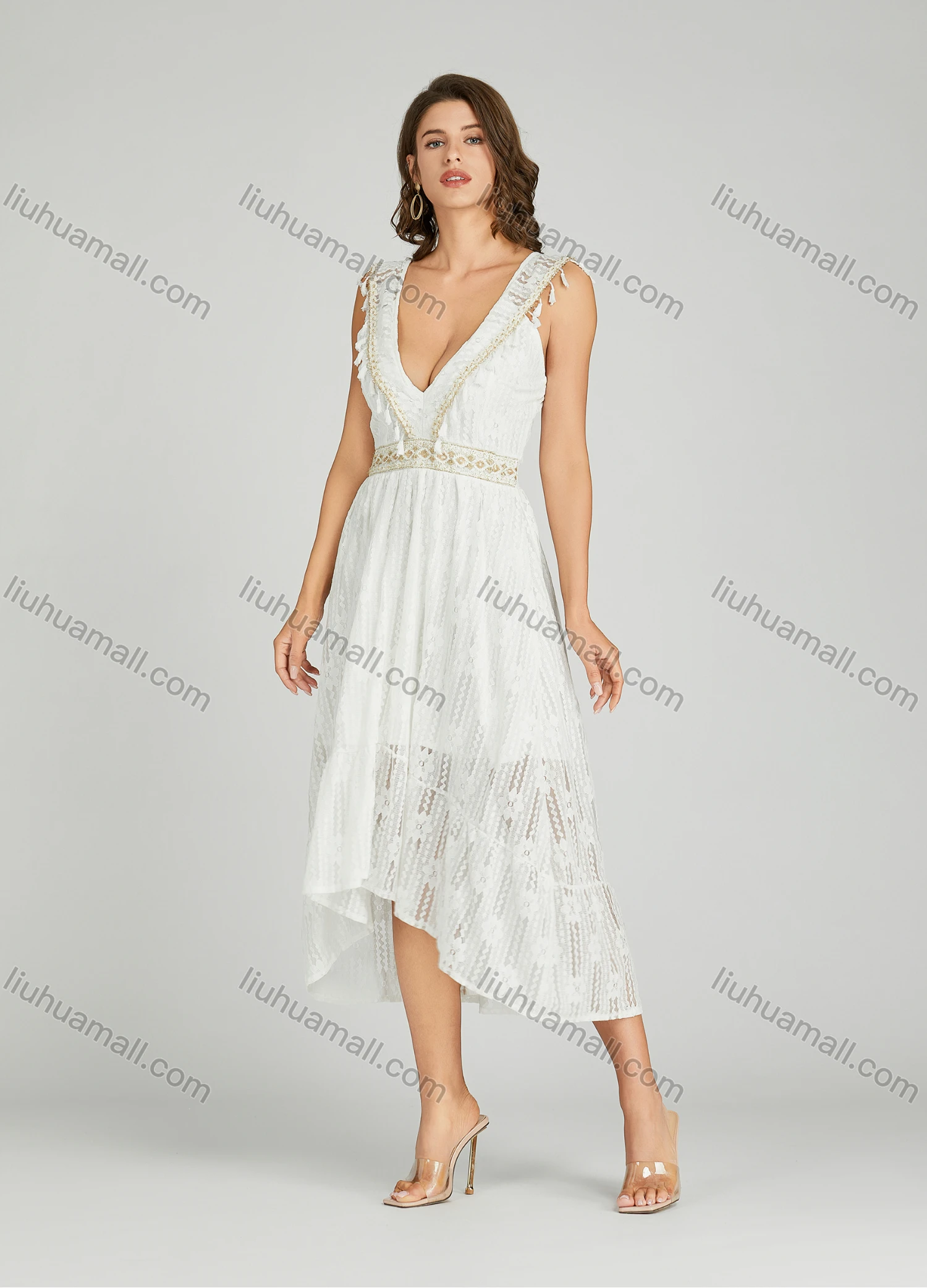 Wholesale Women's Sexy Plain Deep V Neck Tassel High Low Hem Sheer Lace Midi Dress - Liuhuamall