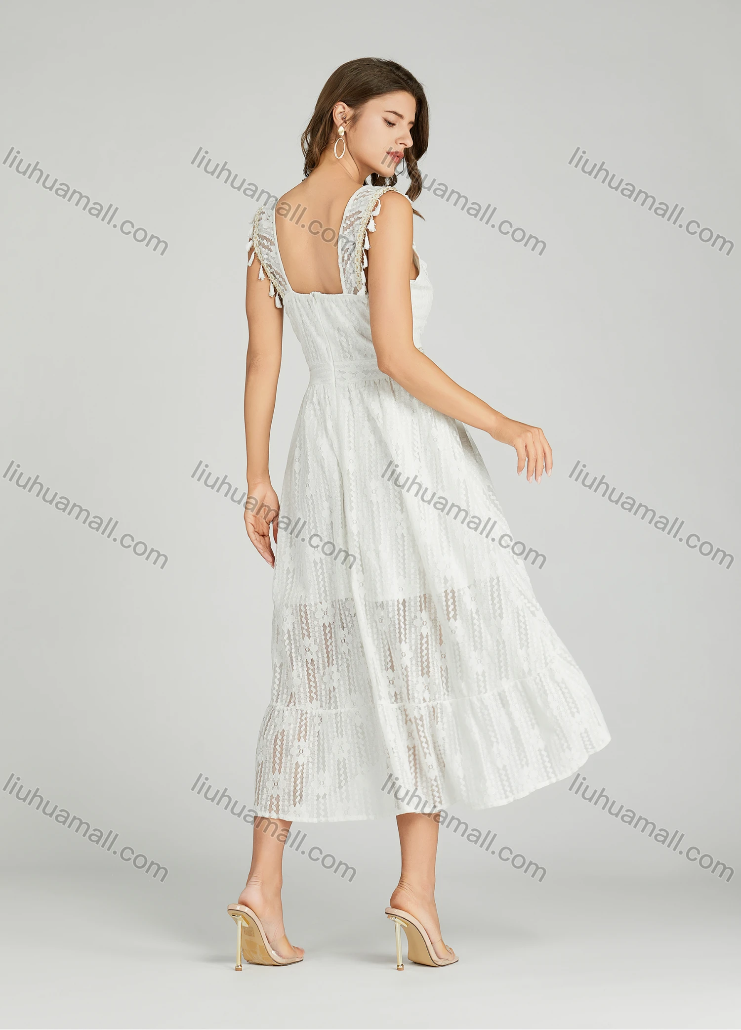 Wholesale Women's Sexy Plain Deep V Neck Tassel High Low Hem Sheer Lace Midi Dress - Liuhuamall