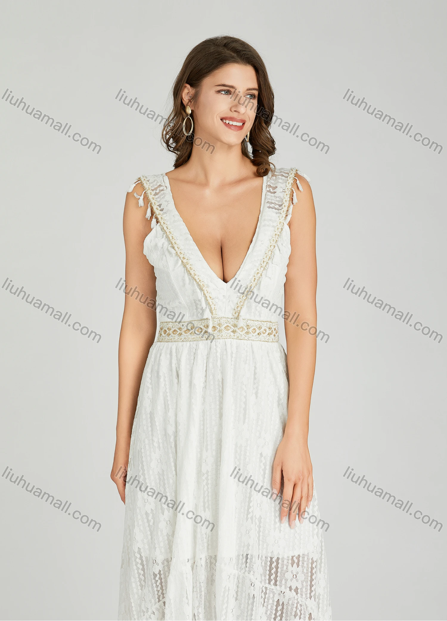 Wholesale Women's Sexy Plain Deep V Neck Tassel High Low Hem Sheer Lace Midi Dress - Liuhuamall