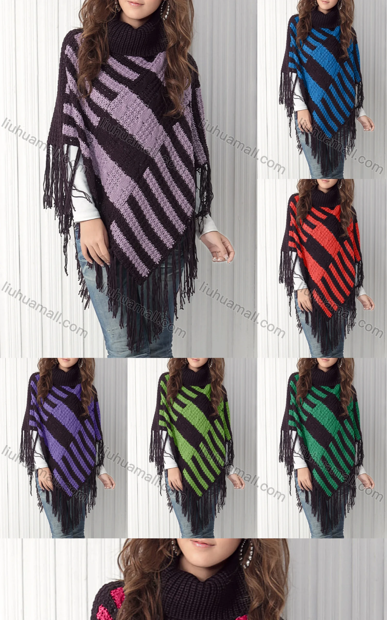 Wholesale Women's Casual Turtleneck Half Sleeve Scarf Hem Striped Knit Cape 2985# - Liuhuamall