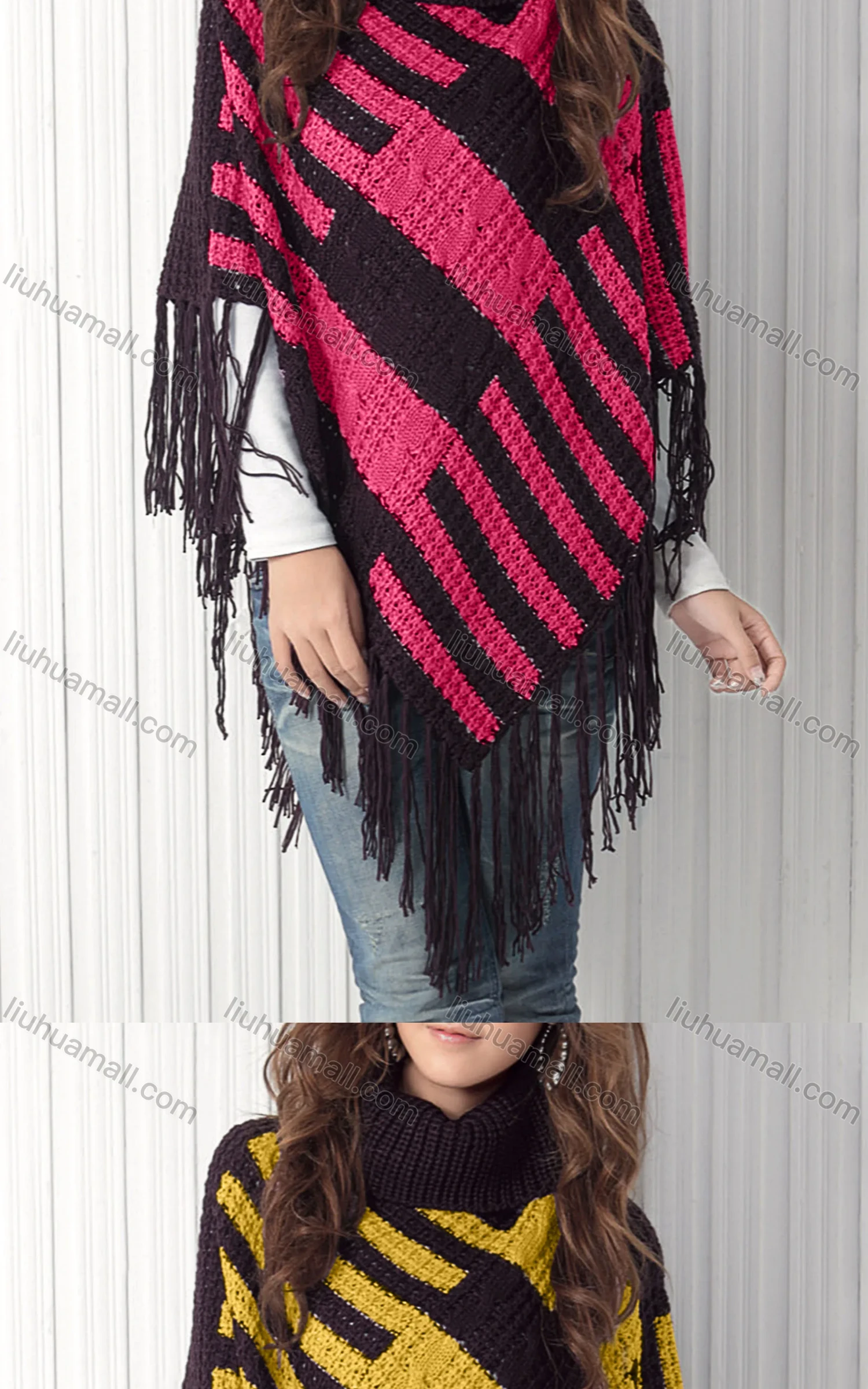 Wholesale Women's Casual Turtleneck Half Sleeve Scarf Hem Striped Knit Cape 2985# - Liuhuamall
