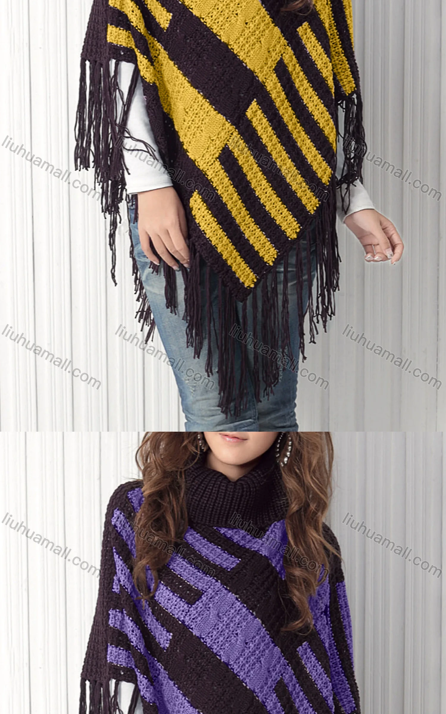 Wholesale Women's Casual Turtleneck Half Sleeve Scarf Hem Striped Knit Cape 2985# - Liuhuamall