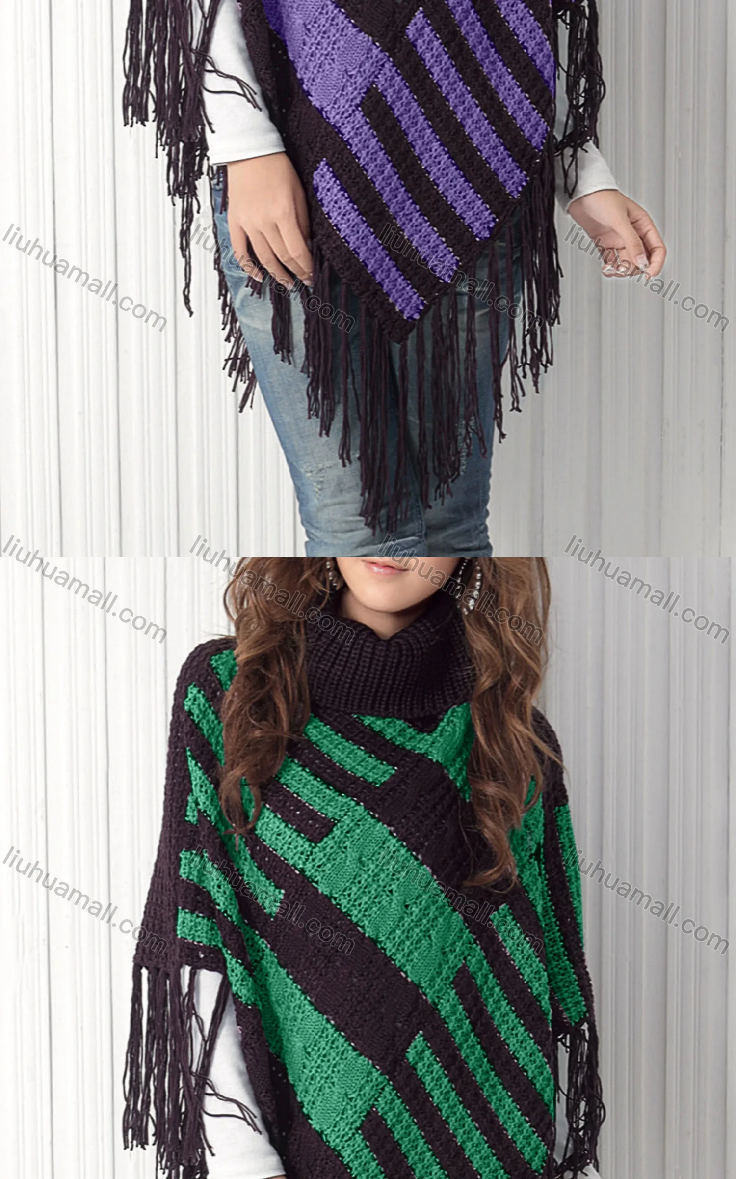 Wholesale Women's Casual Turtleneck Half Sleeve Scarf Hem Striped Knit Cape 2985# - Liuhuamall