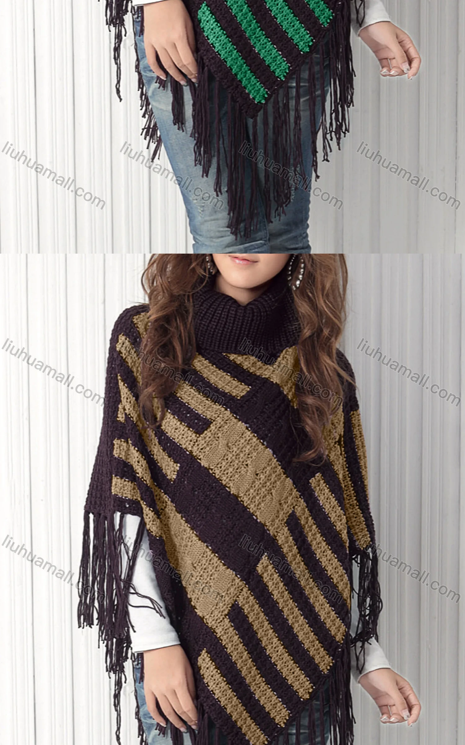 Wholesale Women's Casual Turtleneck Half Sleeve Scarf Hem Striped Knit Cape 2985# - Liuhuamall