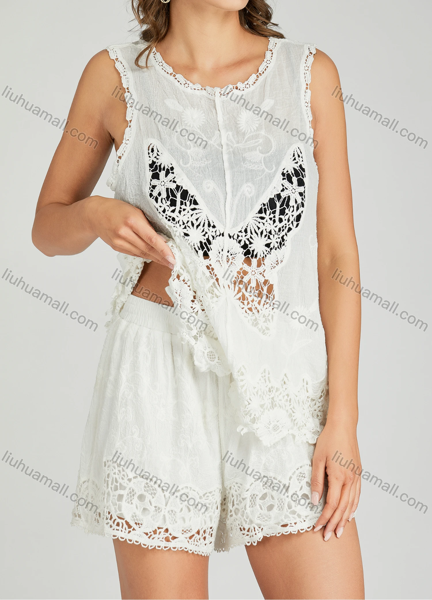 Wholesale Women's Casual Butterfly Guipure Lace Hem Round Neck Tank Top & Shorts 2 Piece Set - Liuhuamall