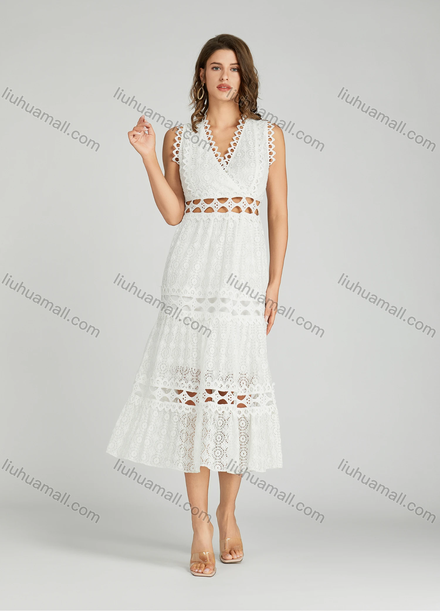 Wholesale Women's Elegant Plain V Neck Eyelet Embroidered Hollow Out Midi Dress - Liuhuamall