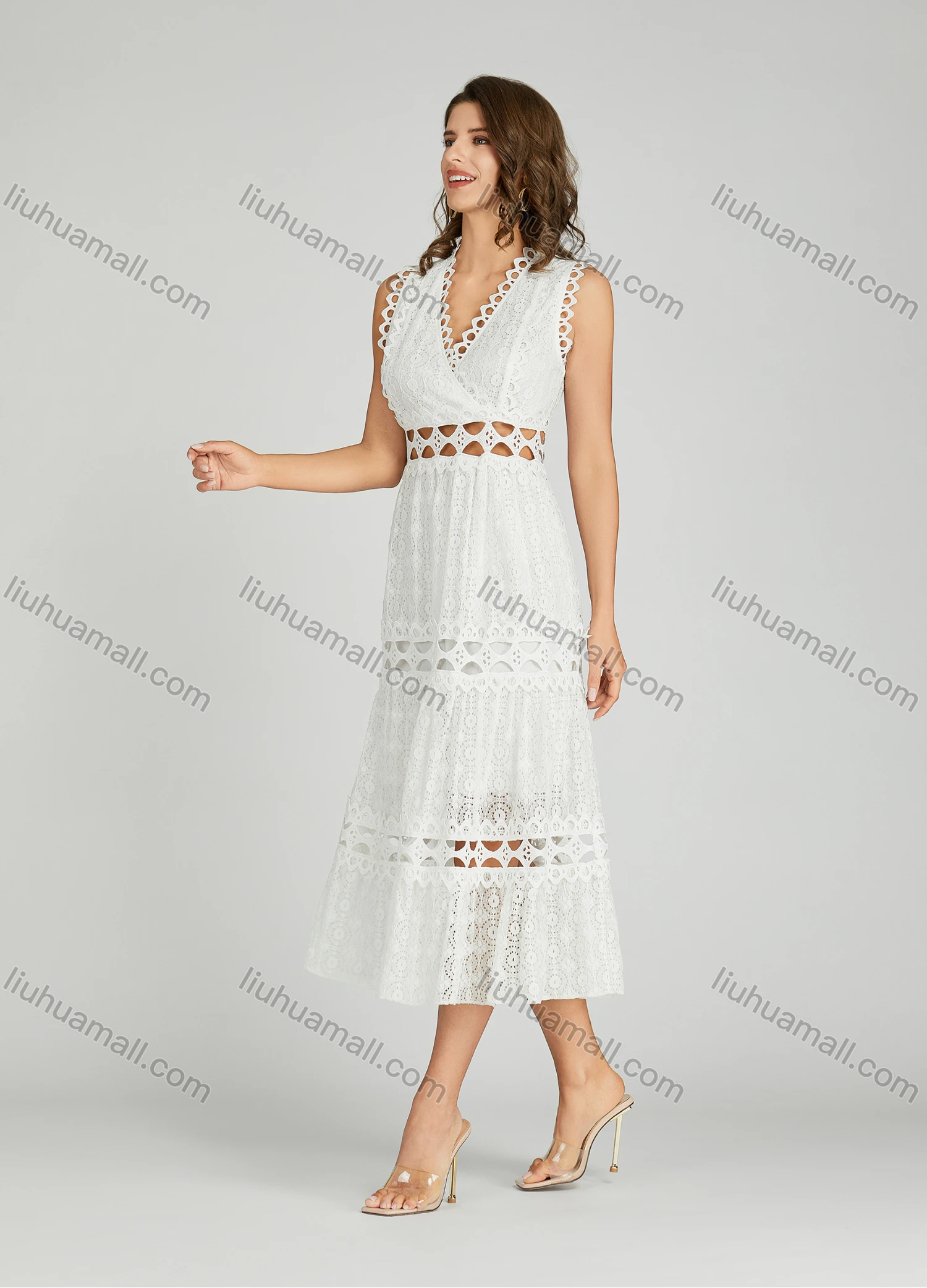 Wholesale Women's Elegant Plain V Neck Eyelet Embroidered Hollow Out Midi Dress - Liuhuamall