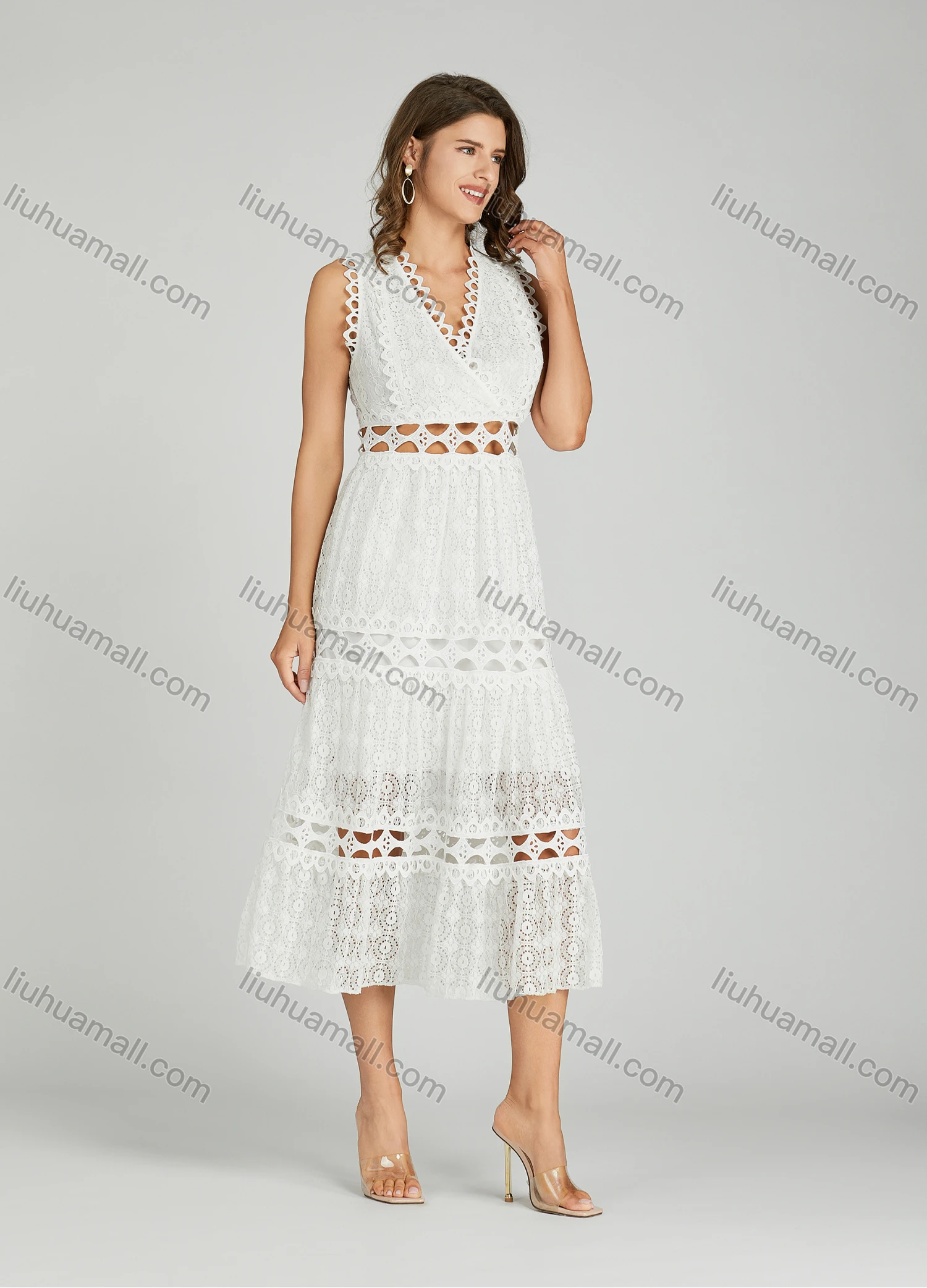 Wholesale Women's Elegant Plain V Neck Eyelet Embroidered Hollow Out Midi Dress - Liuhuamall