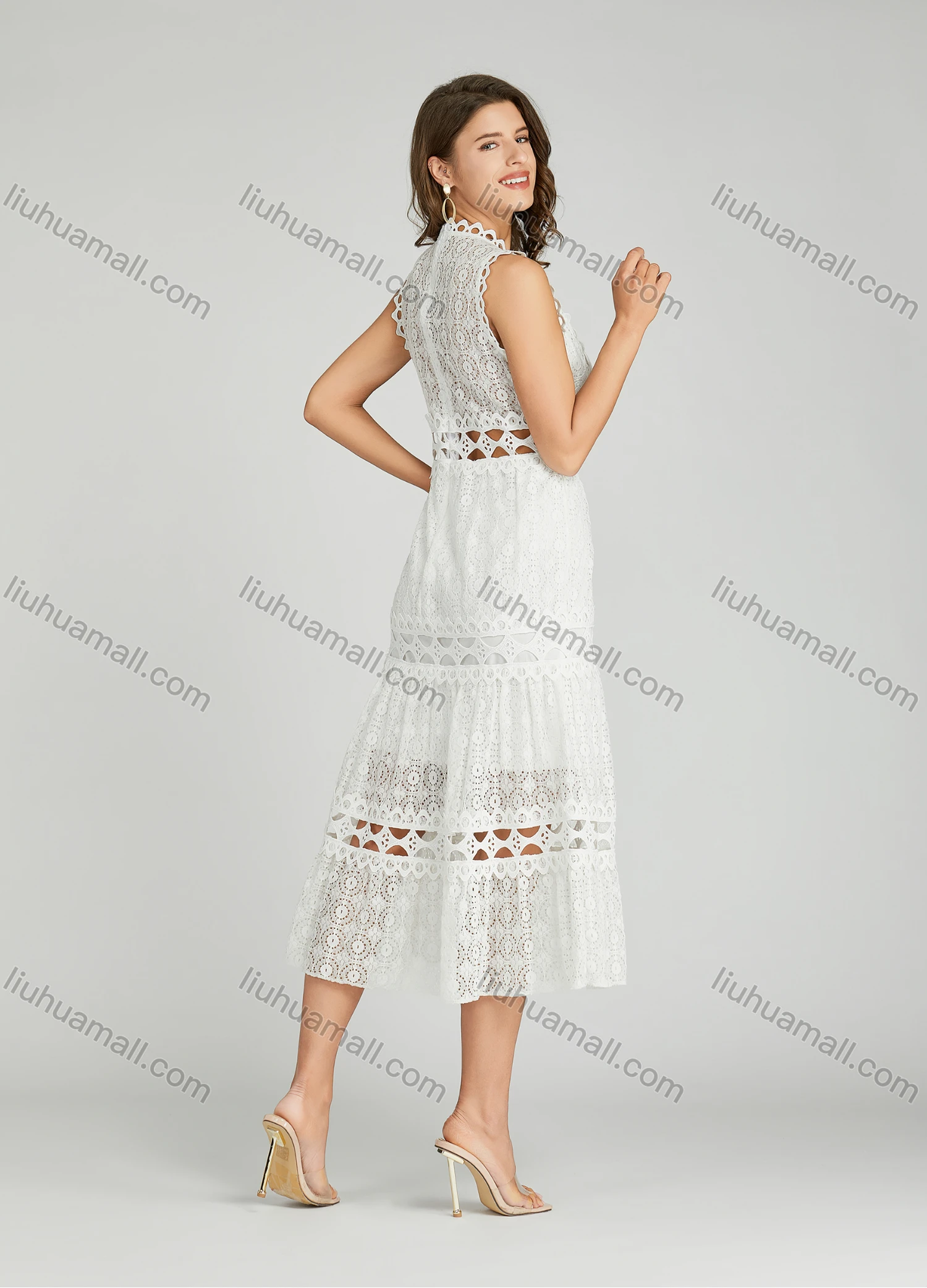 Wholesale Women's Elegant Plain V Neck Eyelet Embroidered Hollow Out Midi Dress - Liuhuamall
