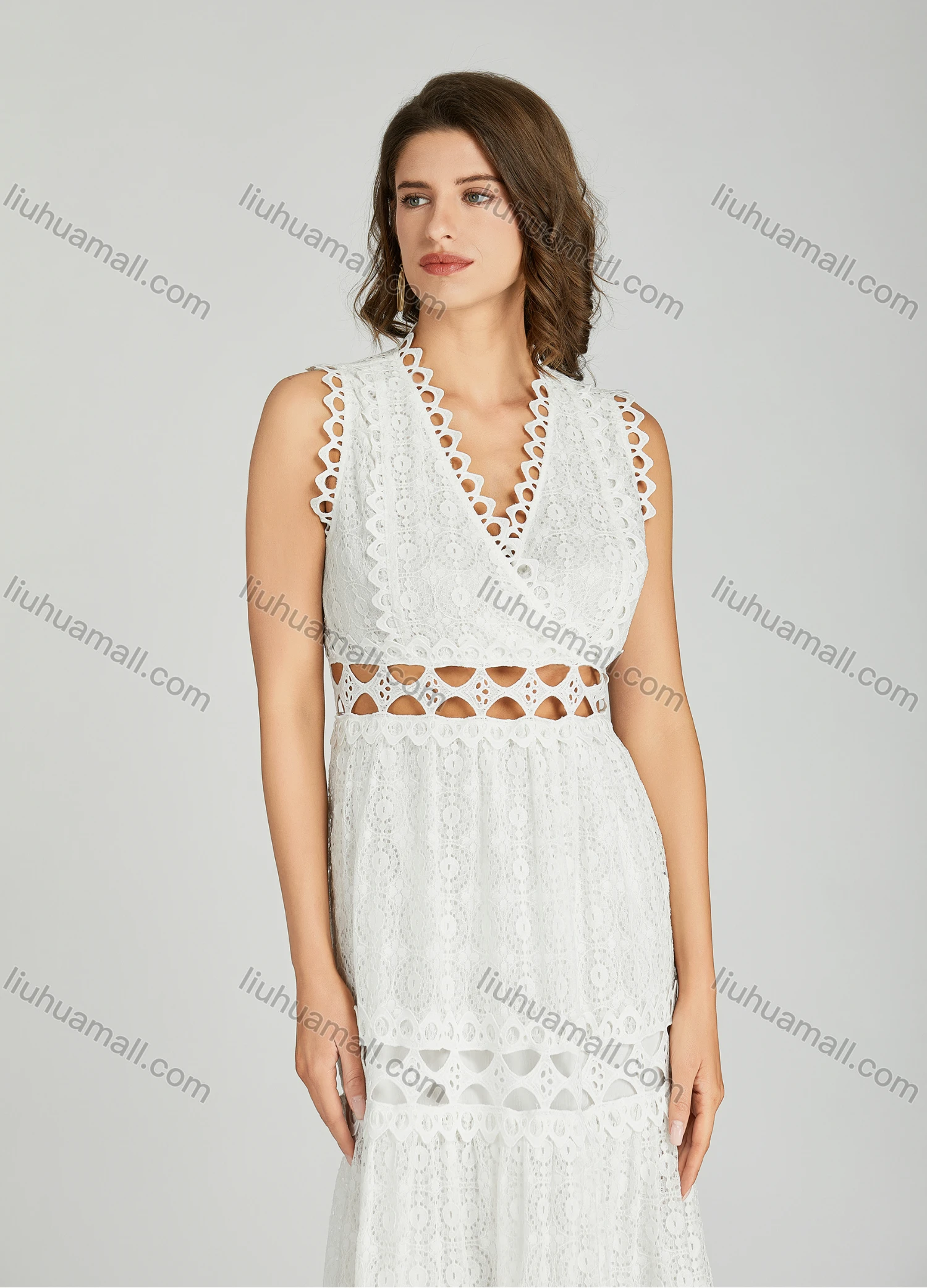 Wholesale Women's Elegant Plain V Neck Eyelet Embroidered Hollow Out Midi Dress - Liuhuamall