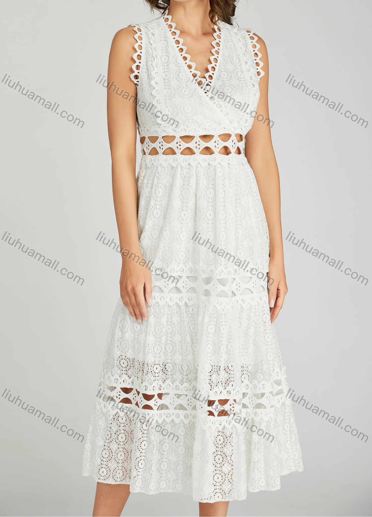 Wholesale Women's Elegant Plain V Neck Eyelet Embroidered Hollow Out Midi Dress - Liuhuamall