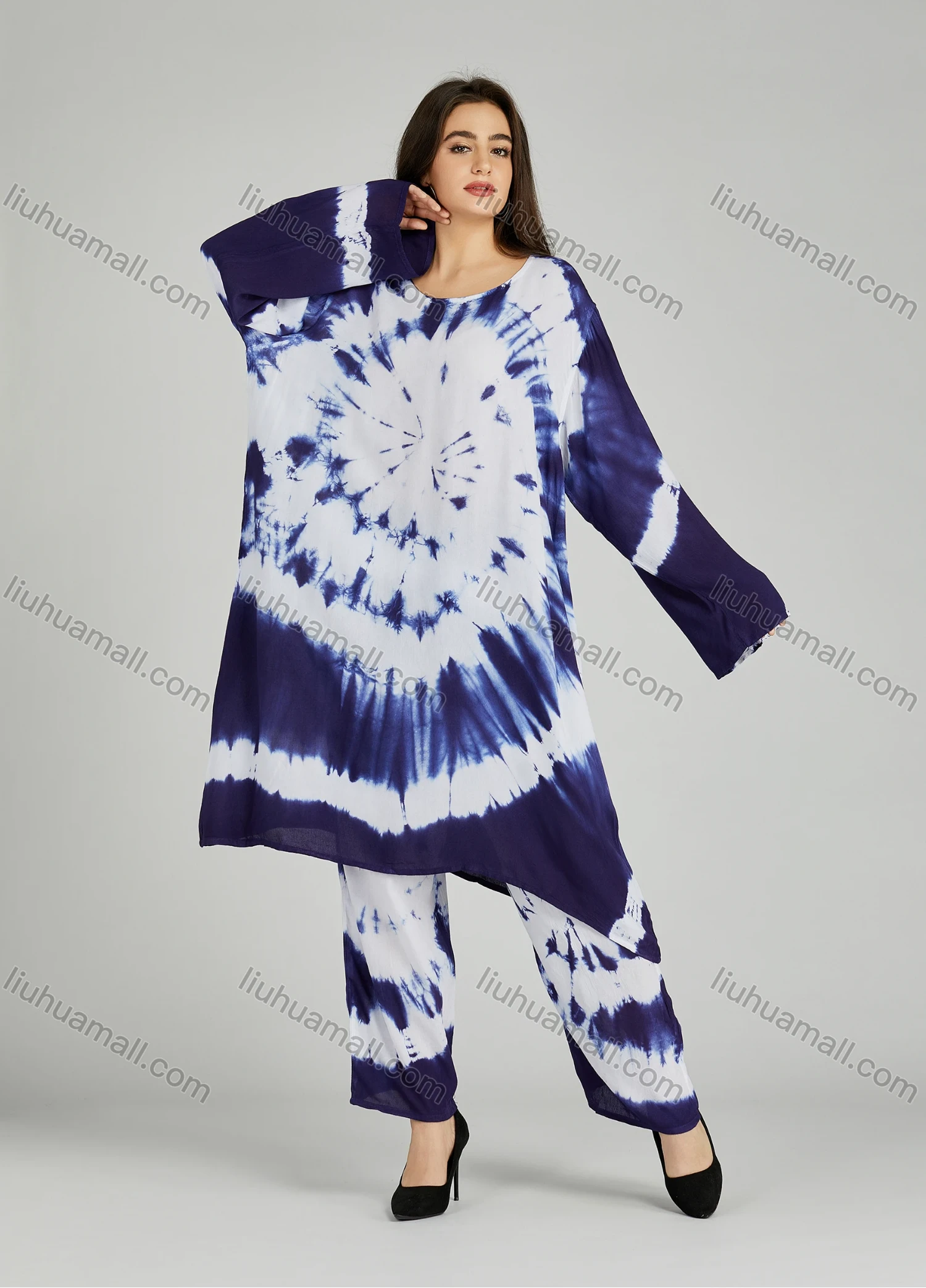 Wholesale Women's Folkloric African Tie Dye High Low Hem Long Sleeve Robe & Pants 2 Piece Sets ZRLK-100# - Liuhuamall