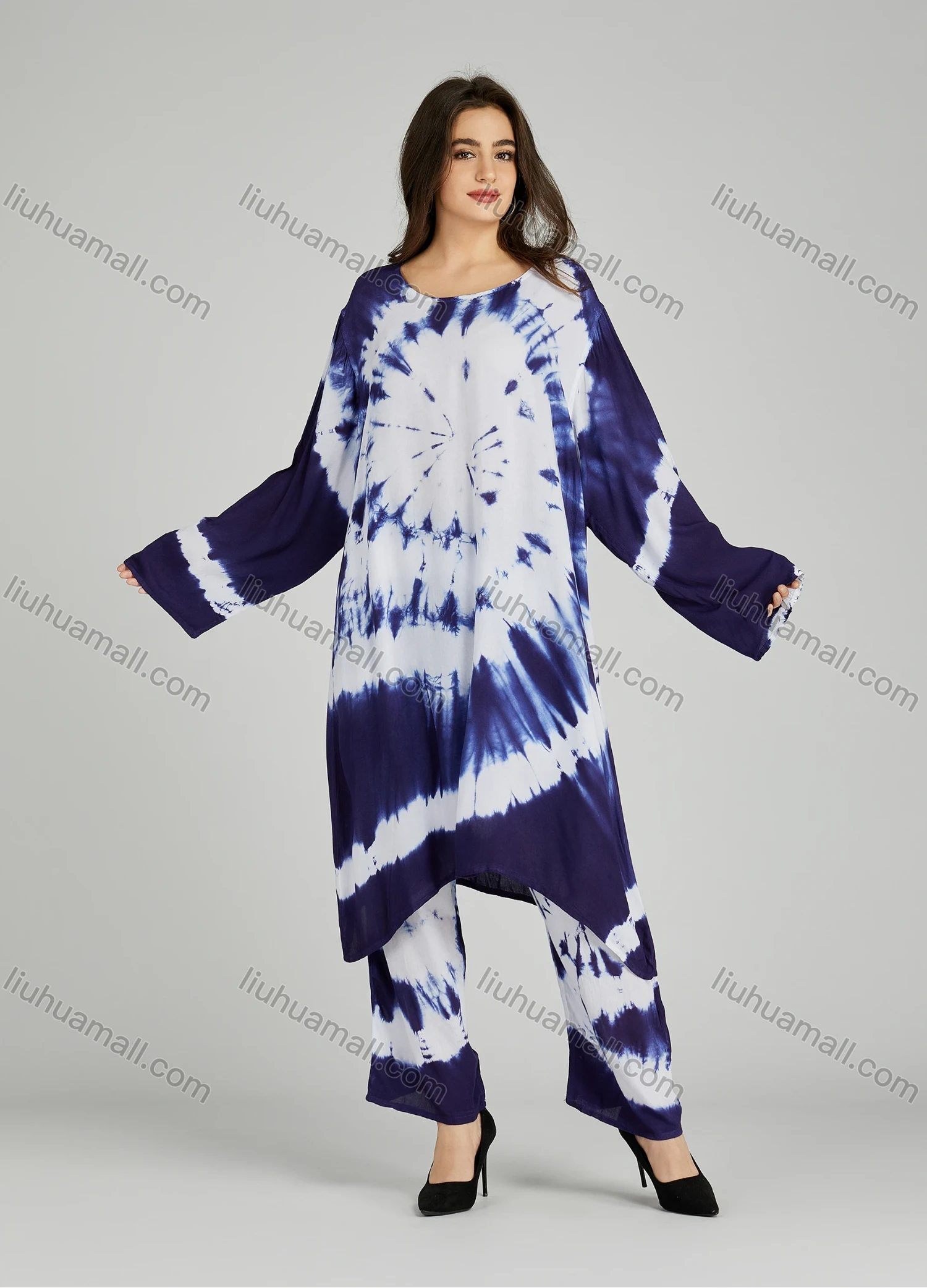 Wholesale Women's Folkloric African Tie Dye High Low Hem Long Sleeve Robe & Pants 2 Piece Sets ZRLK-100# - Liuhuamall