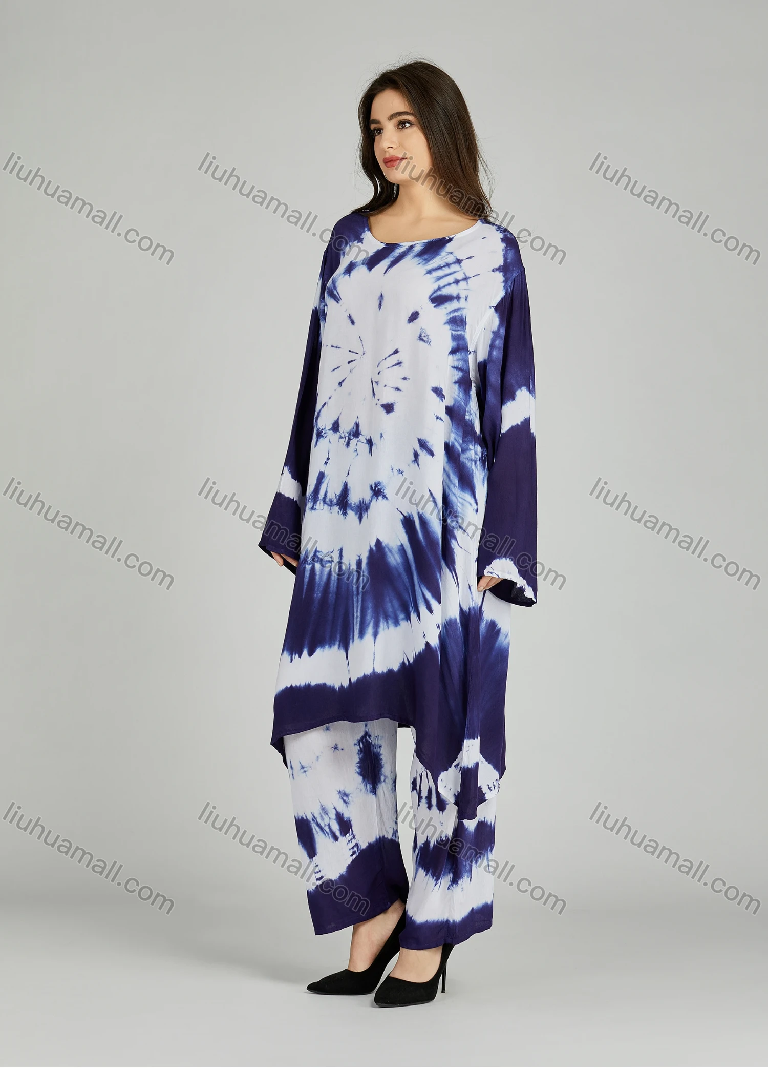 Wholesale Women's Folkloric African Tie Dye High Low Hem Long Sleeve Robe & Pants 2 Piece Sets ZRLK-100# - Liuhuamall