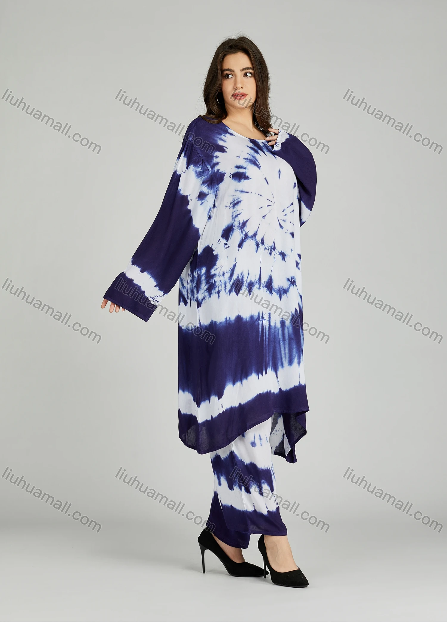 Wholesale Women's Folkloric African Tie Dye High Low Hem Long Sleeve Robe & Pants 2 Piece Sets ZRLK-100# - Liuhuamall
