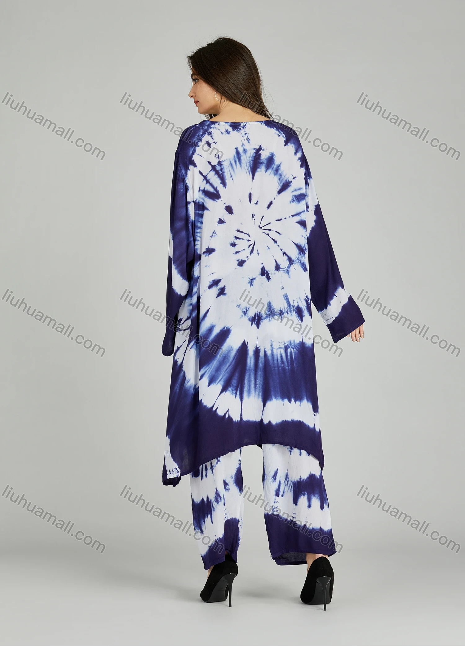Wholesale Women's Folkloric African Tie Dye High Low Hem Long Sleeve Robe & Pants 2 Piece Sets ZRLK-100# - Liuhuamall