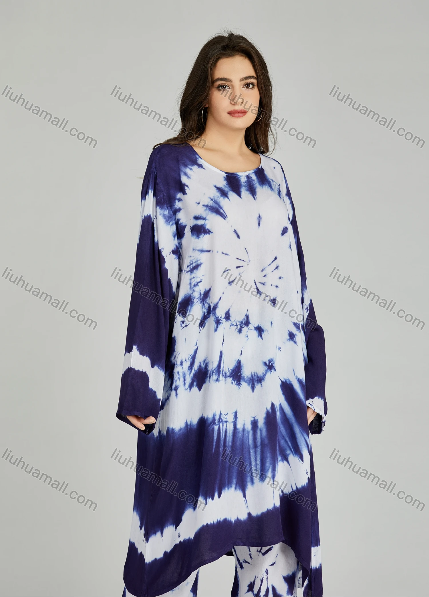 Wholesale Women's Folkloric African Tie Dye High Low Hem Long Sleeve Robe & Pants 2 Piece Sets ZRLK-100# - Liuhuamall