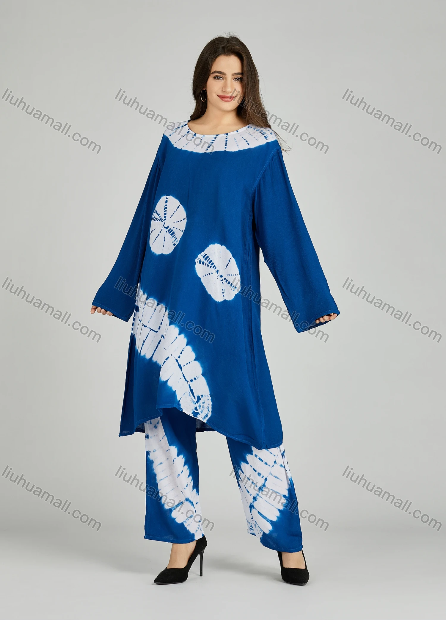 Wholesale Women's Folkloric African High Low Hem Long Sleeve Tie Dye Robe & Pants 2 Piece Sets ZRLK-101# - Liuhuamall