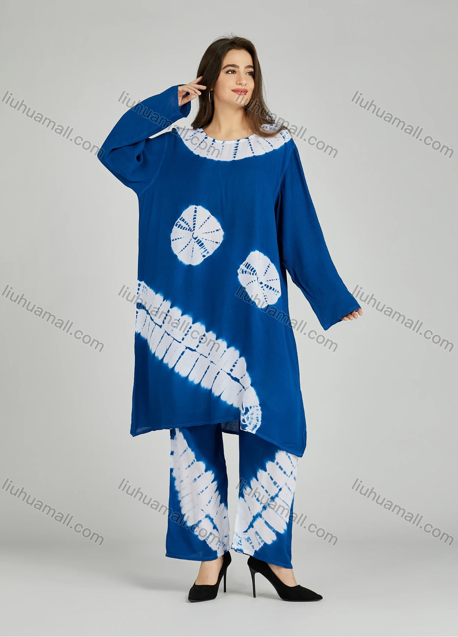 Wholesale Women's Folkloric African High Low Hem Long Sleeve Tie Dye Robe & Pants 2 Piece Sets ZRLK-101# - Liuhuamall