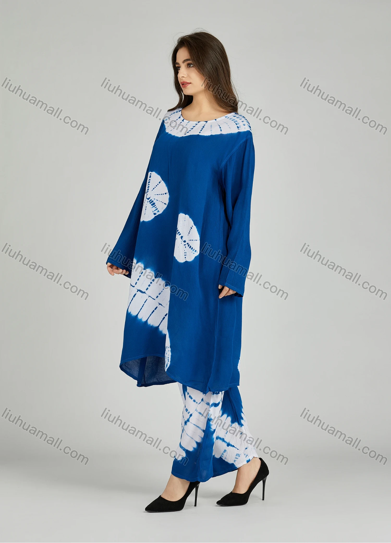 Wholesale Women's Folkloric African High Low Hem Long Sleeve Tie Dye Robe & Pants 2 Piece Sets ZRLK-101# - Liuhuamall