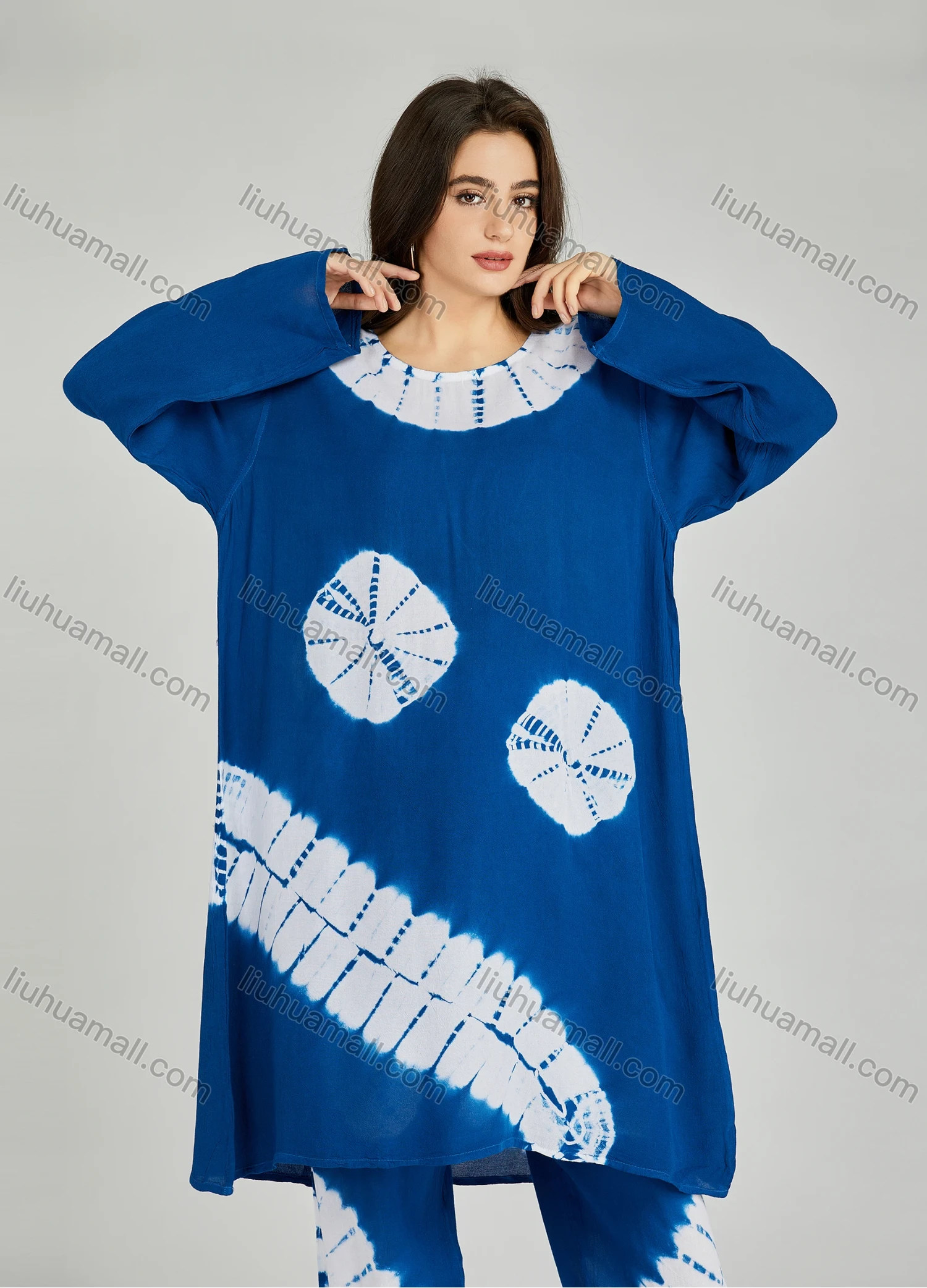 Wholesale Women's Folkloric African High Low Hem Long Sleeve Tie Dye Robe & Pants 2 Piece Sets ZRLK-101# - Liuhuamall