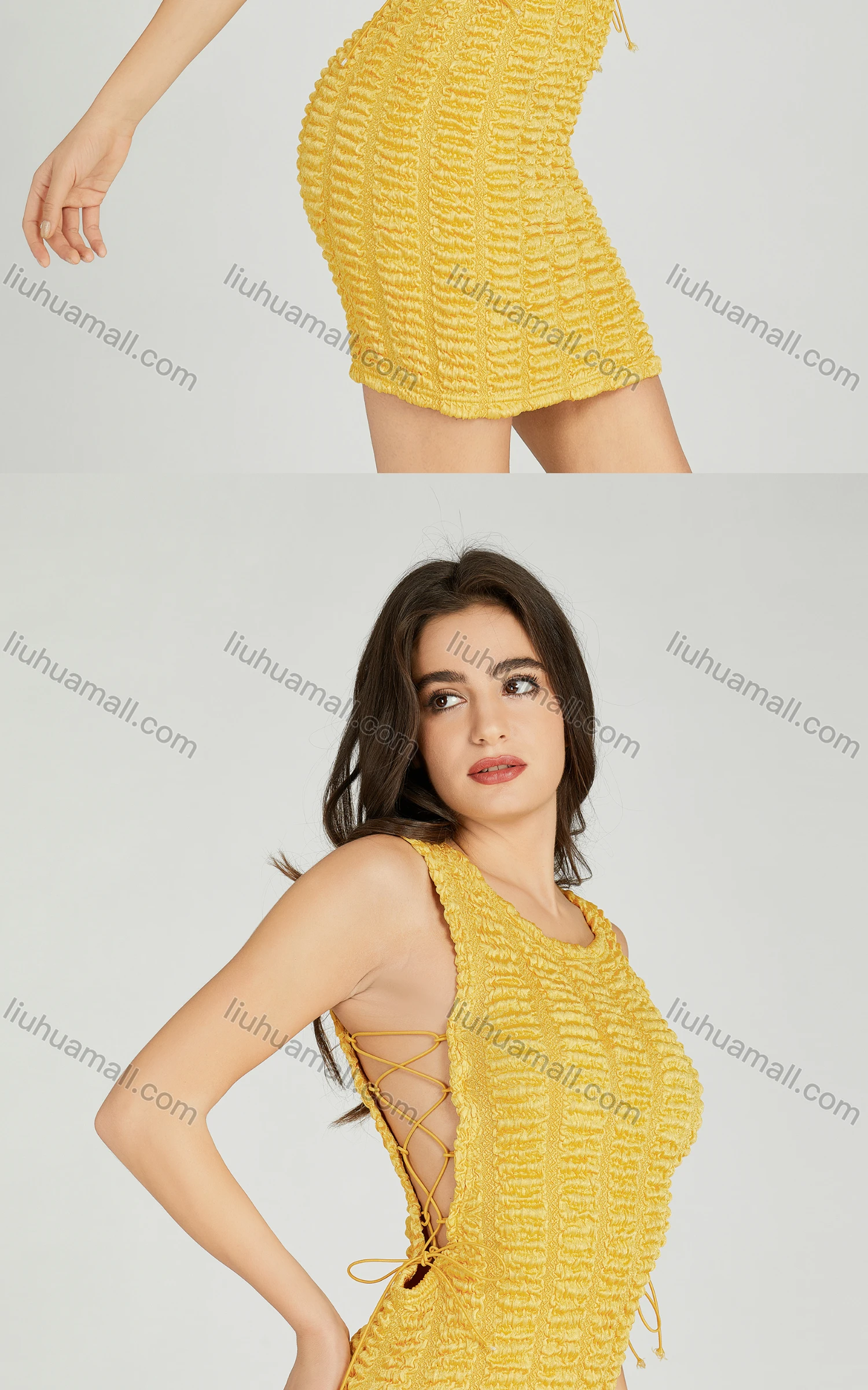 Wholesale Women's Sexy Drawstring Side Plain Shirred Striped Bodycon Midi Tank Dress 110# - Liuhuamall