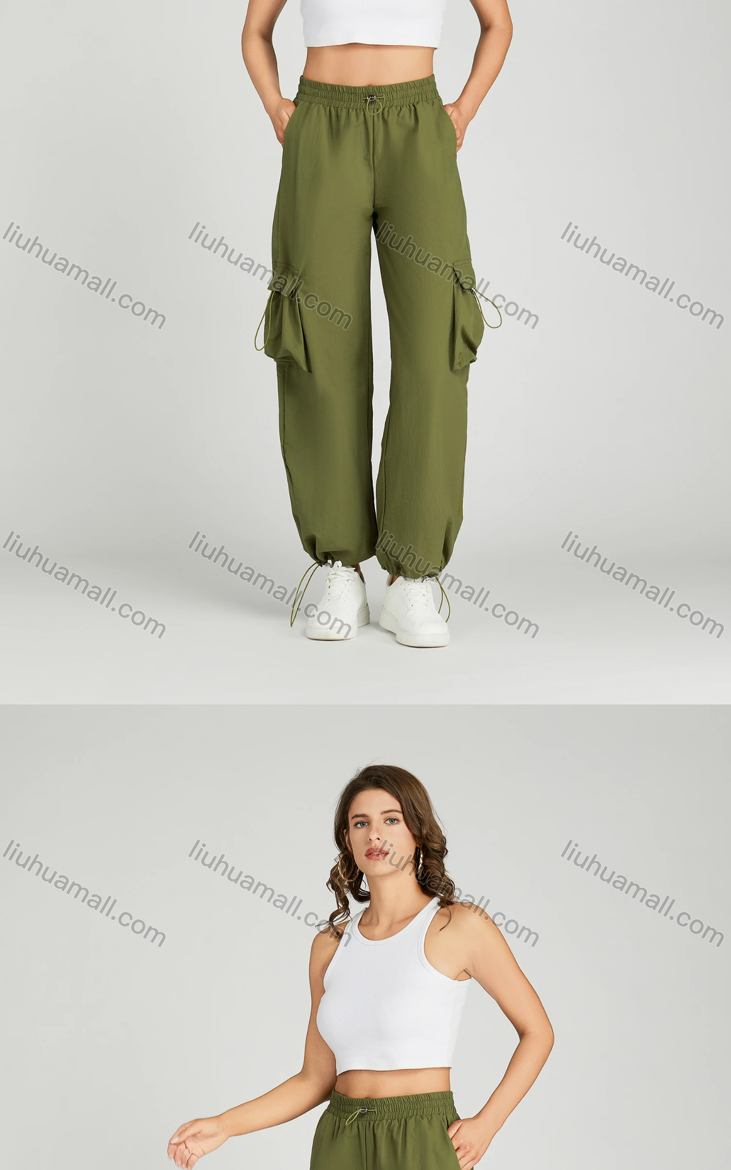 Wholesale Women's Casual Drawstring Flap Pockets Elastic Waist Cargo Pants 2313# - Liuhuamall