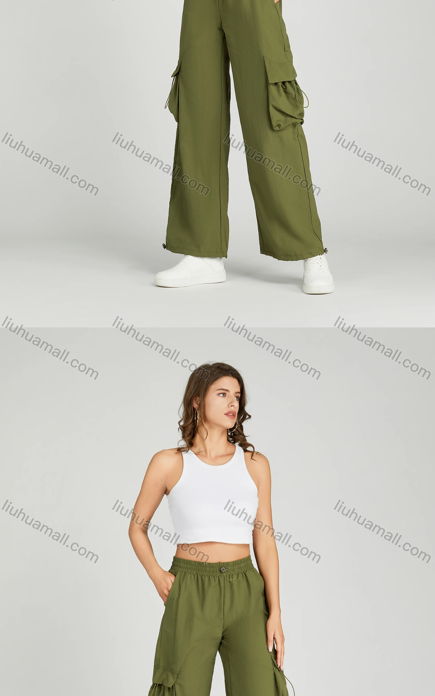 Wholesale Women's Casual Drawstring Flap Pockets Elastic Waist Cargo Pants 2313# - Liuhuamall