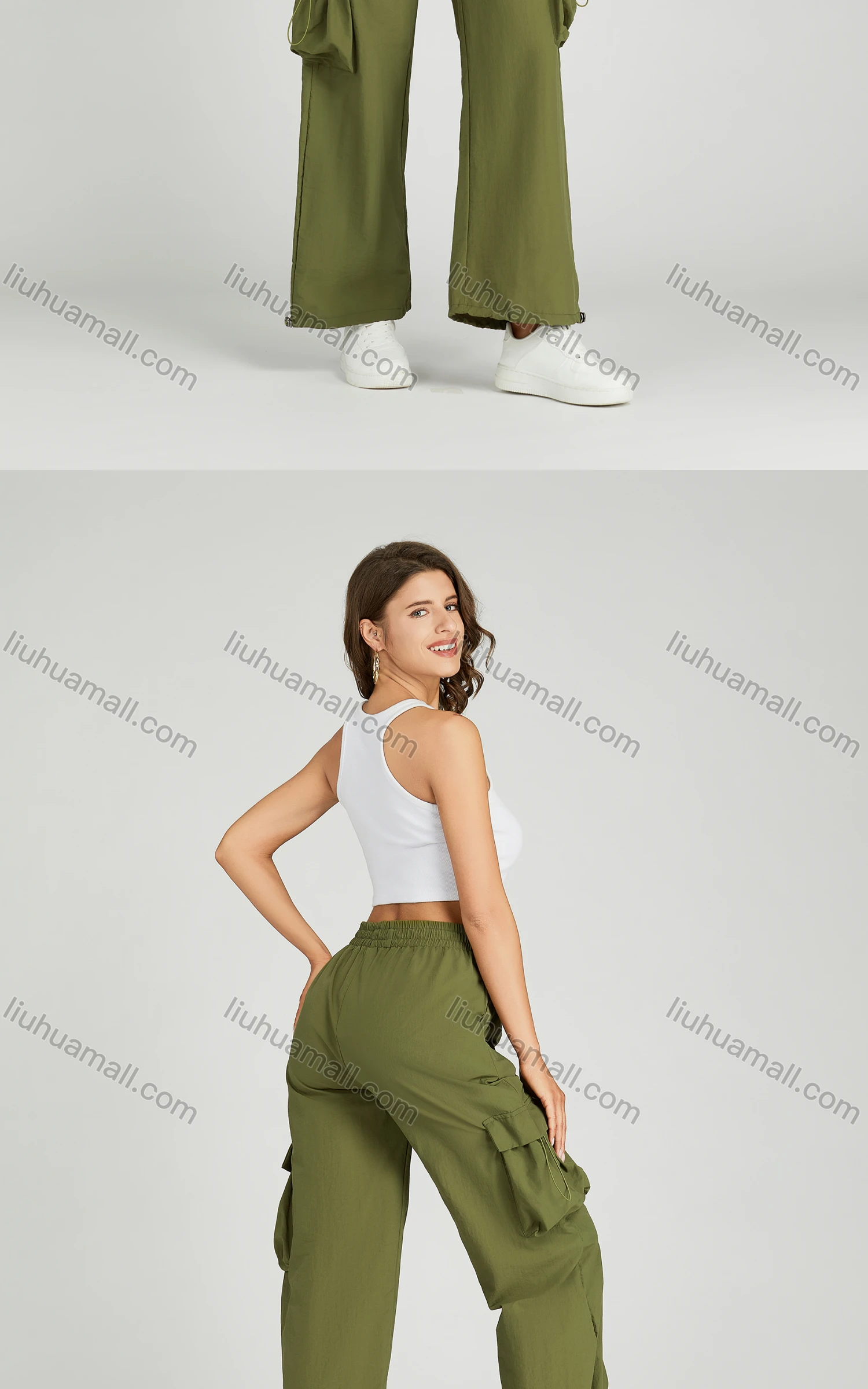Wholesale Women's Casual Drawstring Flap Pockets Elastic Waist Cargo Pants 2313# - Liuhuamall