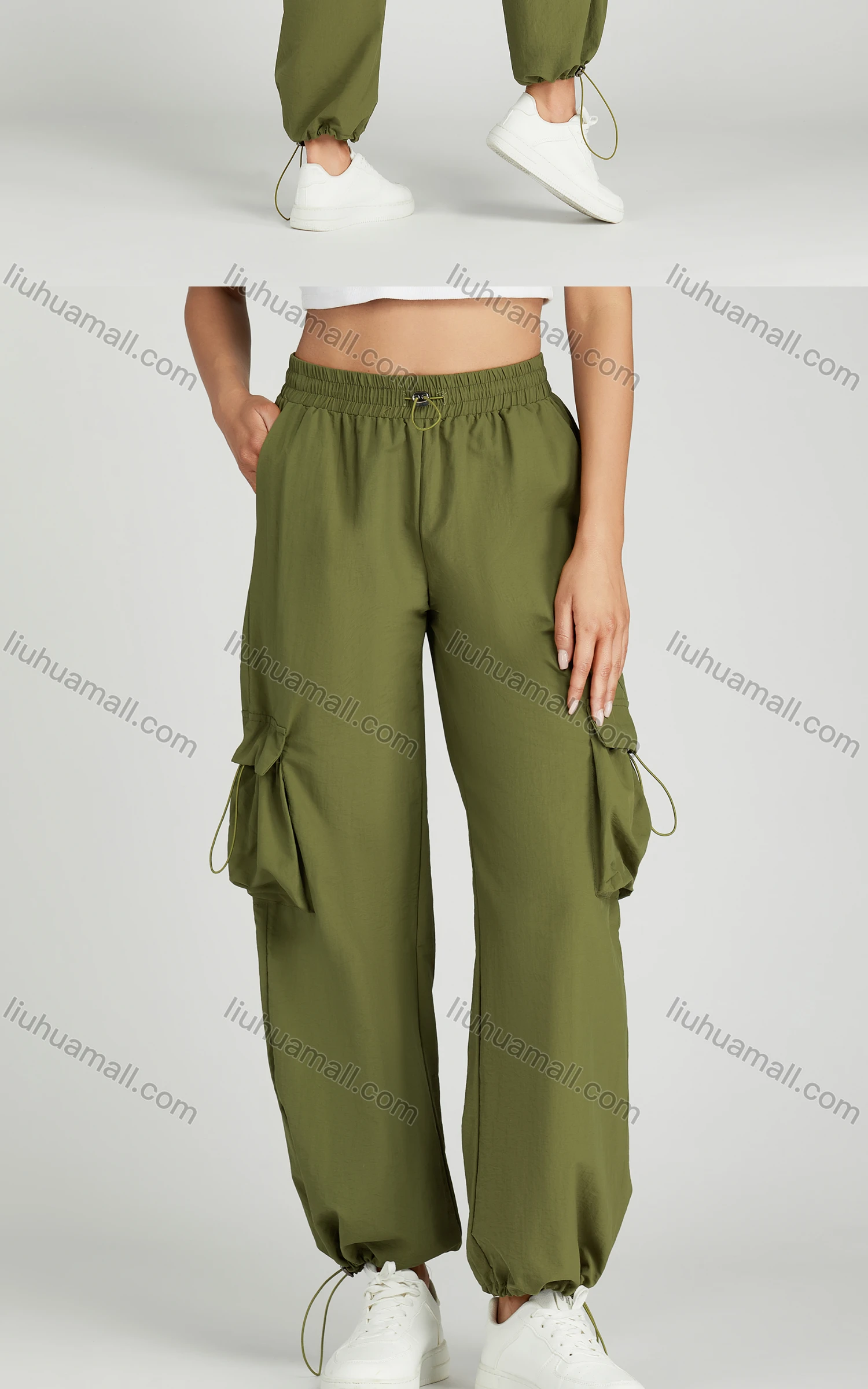 Wholesale Women's Casual Drawstring Flap Pockets Elastic Waist Cargo Pants 2313# - Liuhuamall