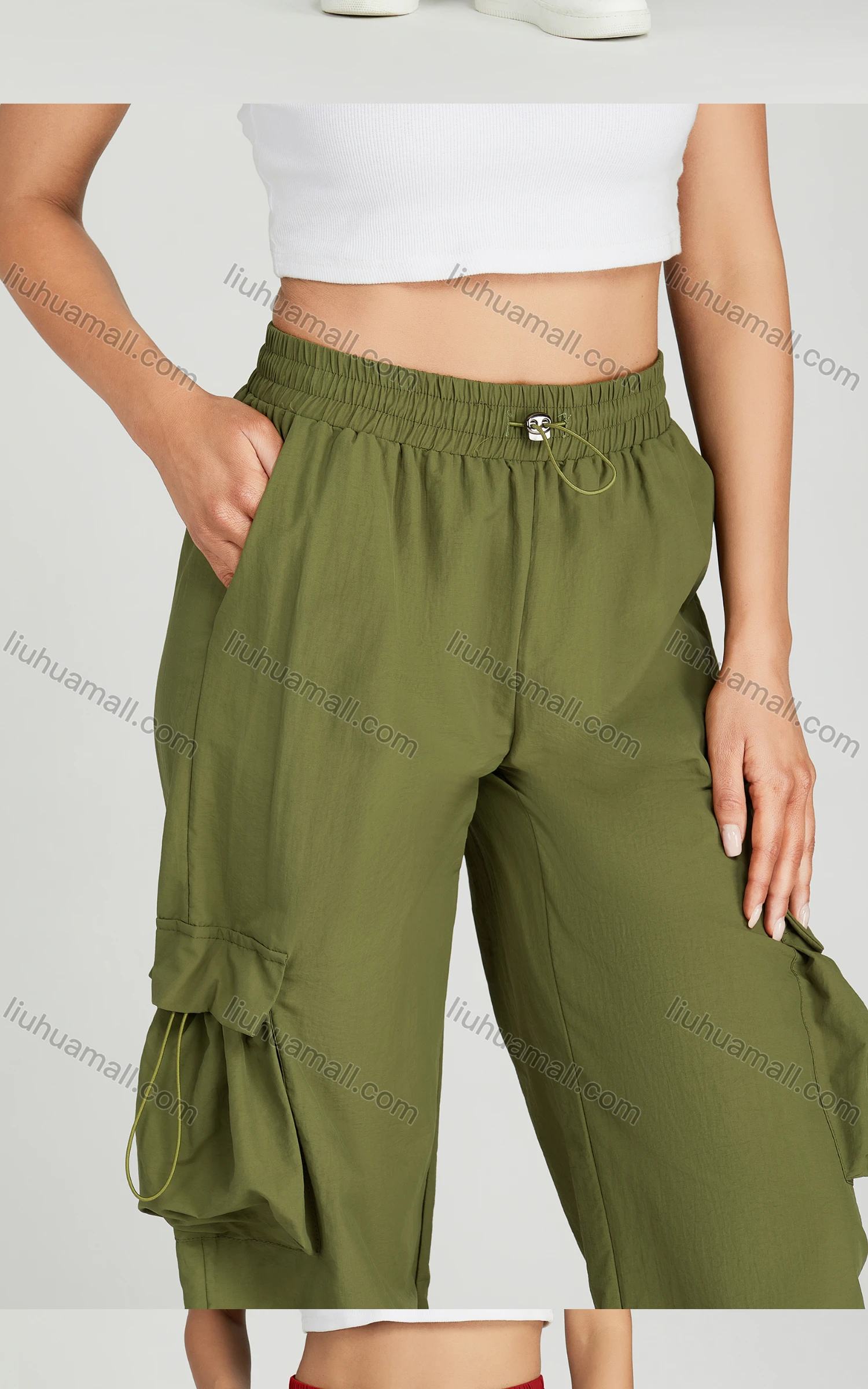 Wholesale Women's Casual Drawstring Flap Pockets Elastic Waist Cargo Pants 2313# - Liuhuamall