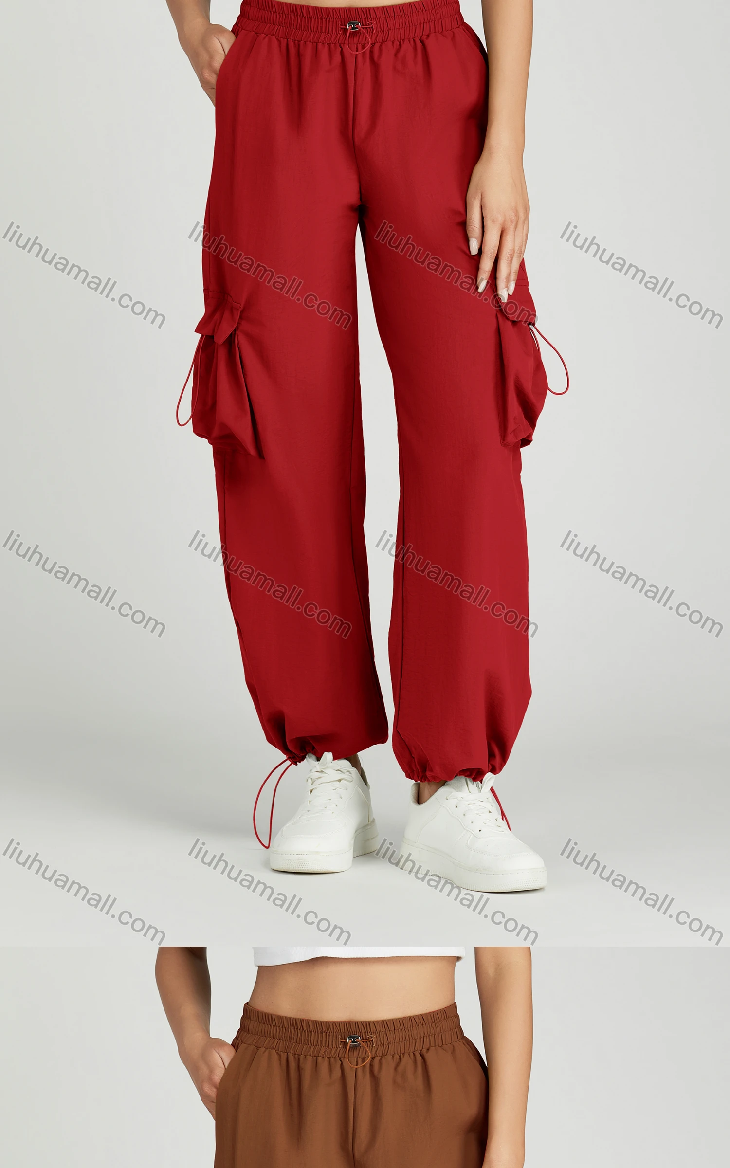 Wholesale Women's Casual Drawstring Flap Pockets Elastic Waist Cargo Pants 2313# - Liuhuamall