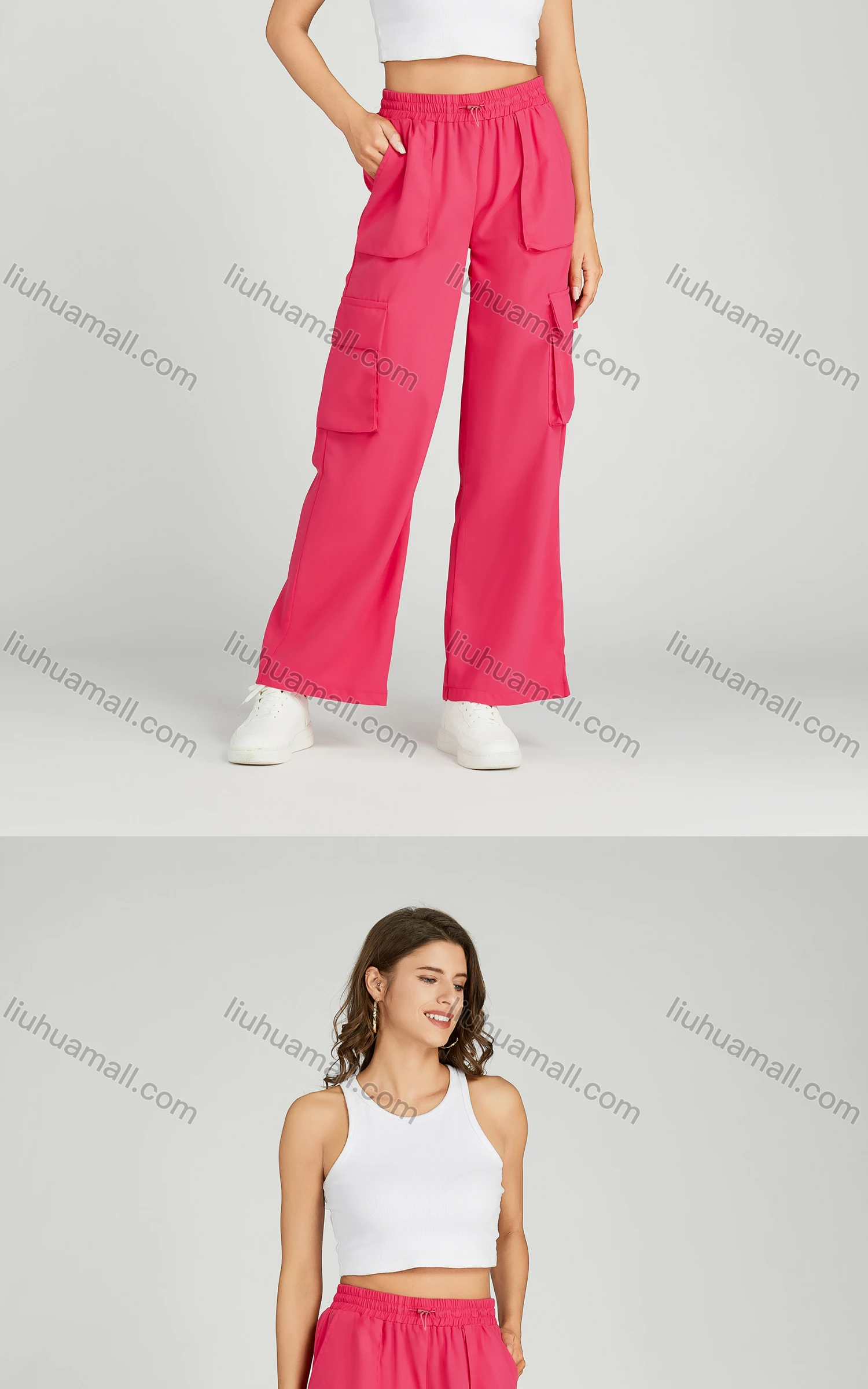Wholesale Women's Casual Drawstring Elastic Waist Multiple Pockets Plain Cargo Pants MT258# - Liuhuamall