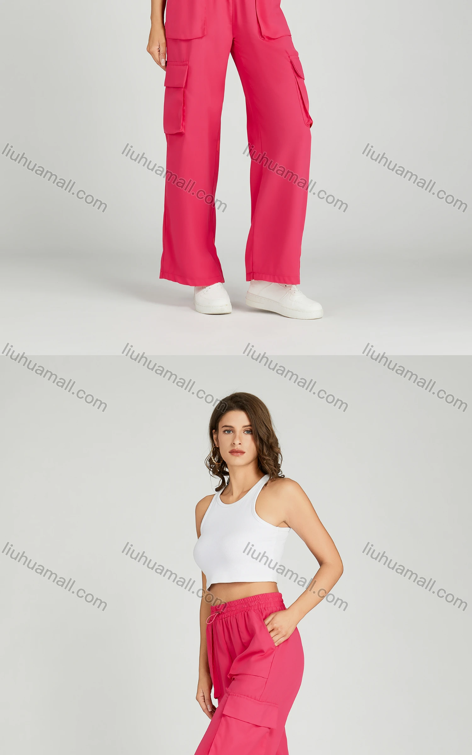 Wholesale Women's Casual Drawstring Elastic Waist Multiple Pockets Plain Cargo Pants MT258# - Liuhuamall