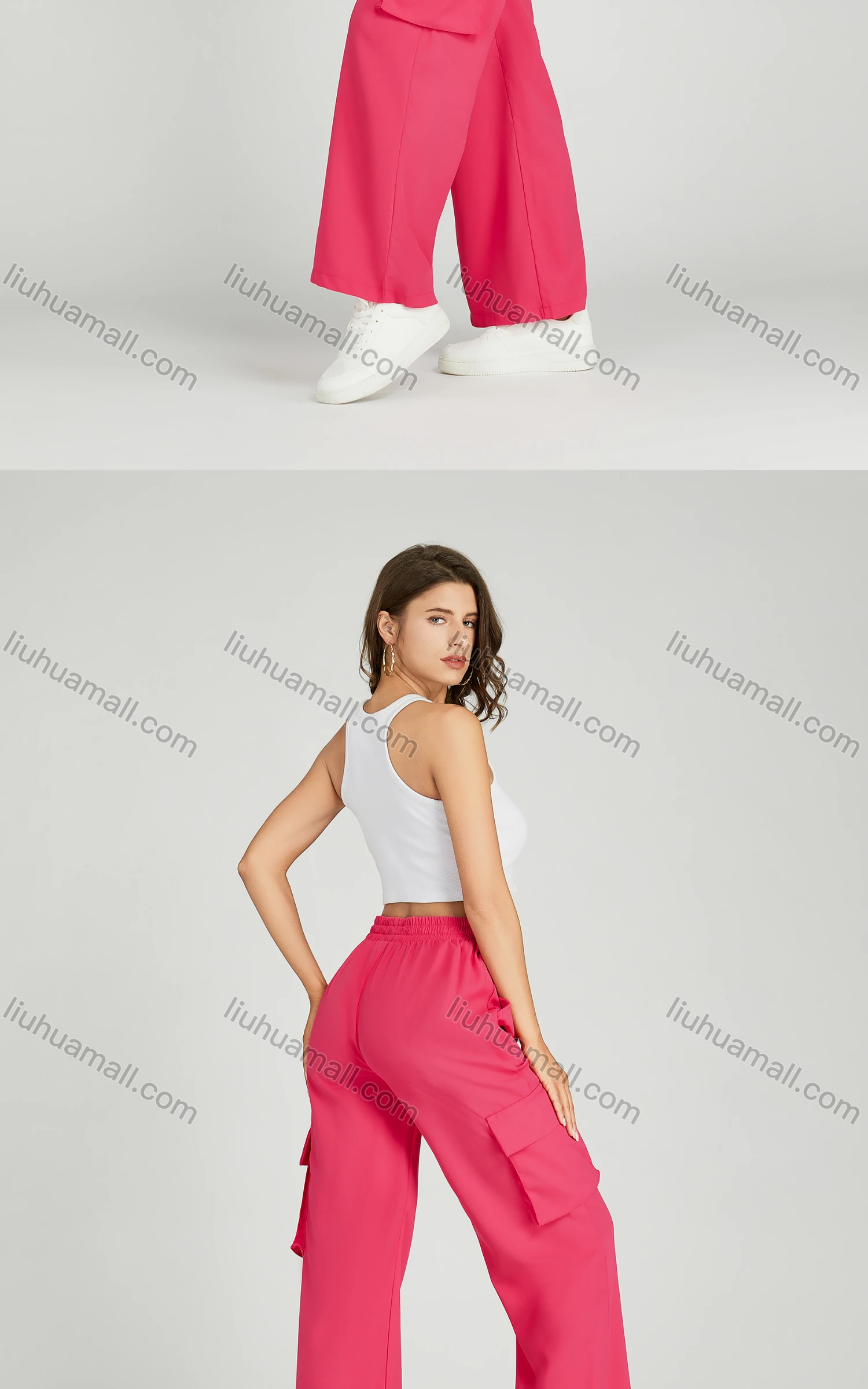 Wholesale Women's Casual Drawstring Elastic Waist Multiple Pockets Plain Cargo Pants MT258# - Liuhuamall