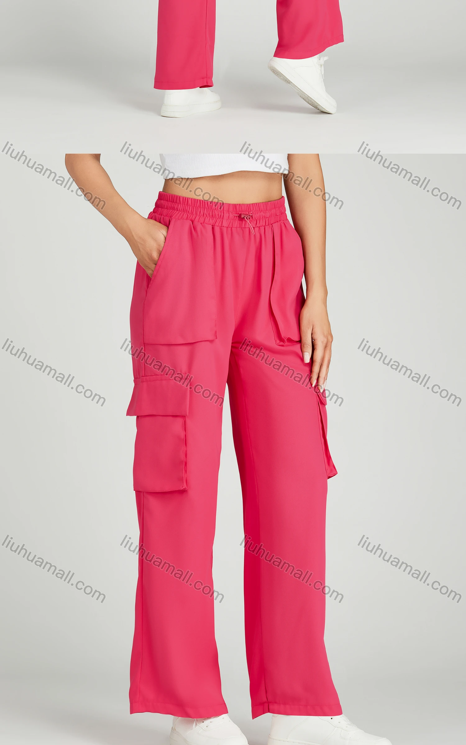 Wholesale Women's Casual Drawstring Elastic Waist Multiple Pockets Plain Cargo Pants MT258# - Liuhuamall