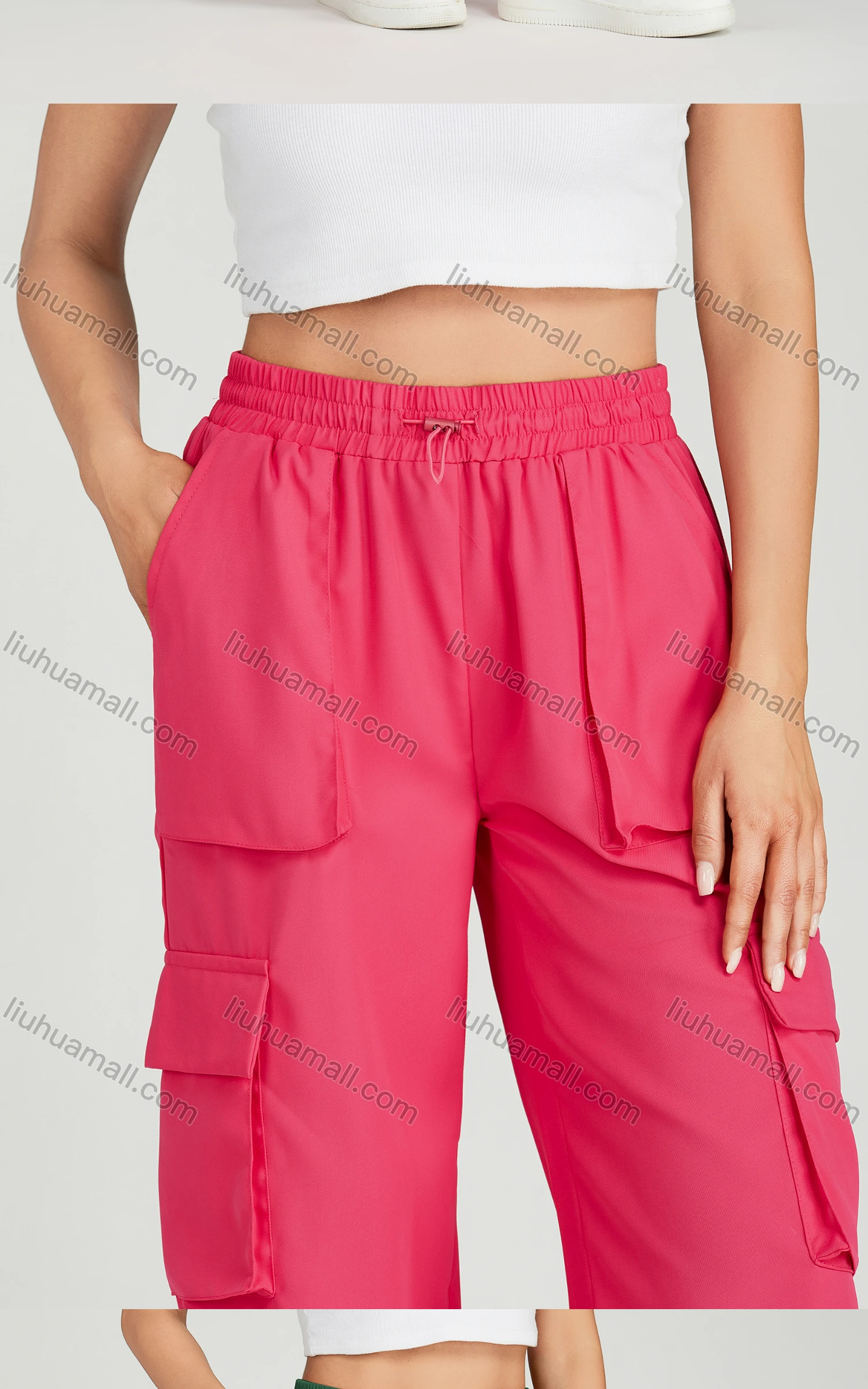 Wholesale Women's Casual Drawstring Elastic Waist Multiple Pockets Plain Cargo Pants MT258# - Liuhuamall