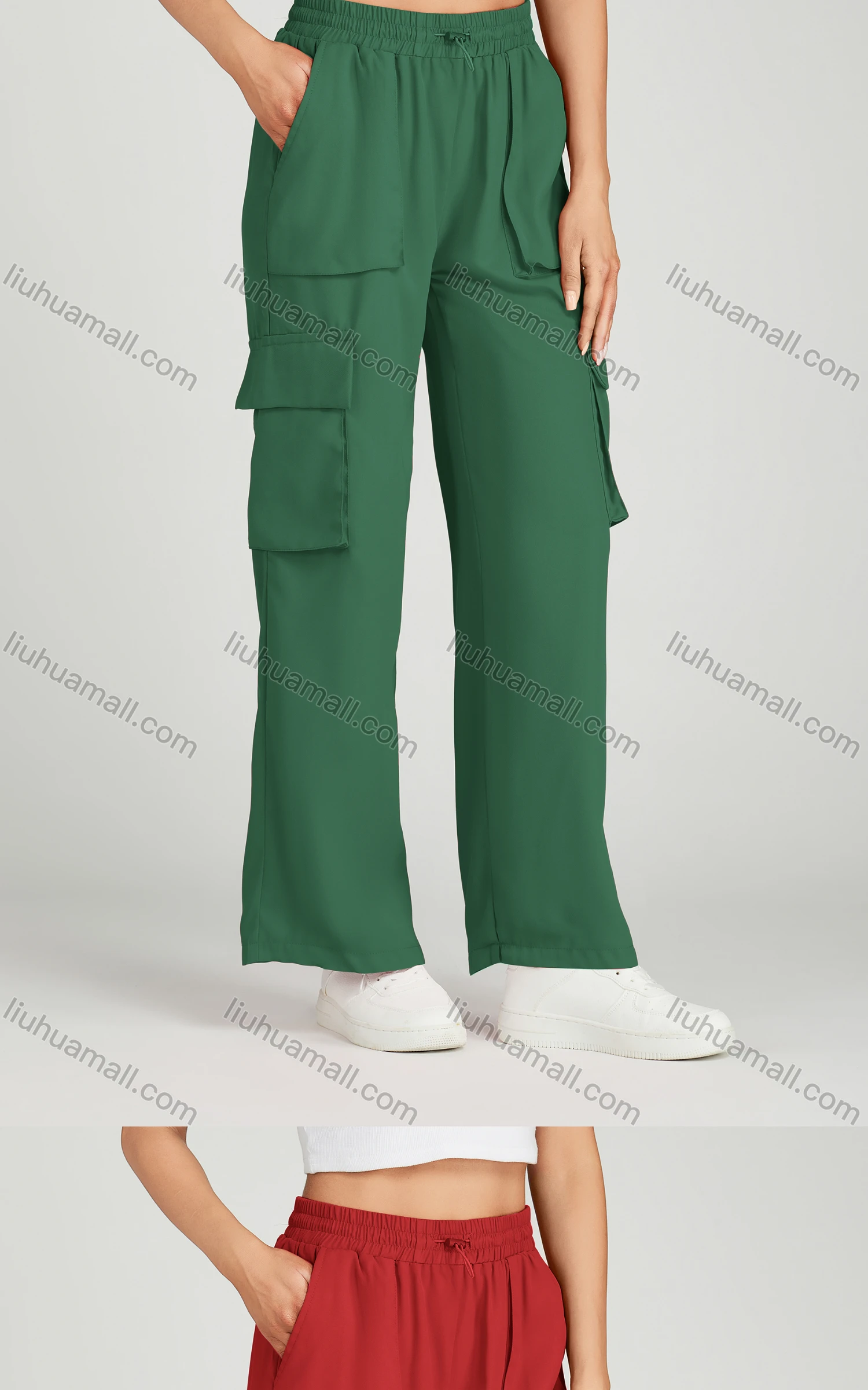 Wholesale Women's Casual Drawstring Elastic Waist Multiple Pockets Plain Cargo Pants MT258# - Liuhuamall