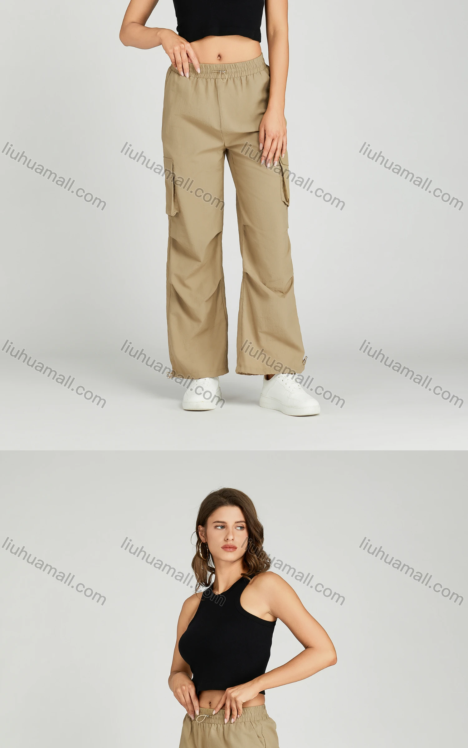 Wholesale Women's Casual Drawstring Flap Pockets Elastic Waist Cargo Pants MT291# - Liuhuamall