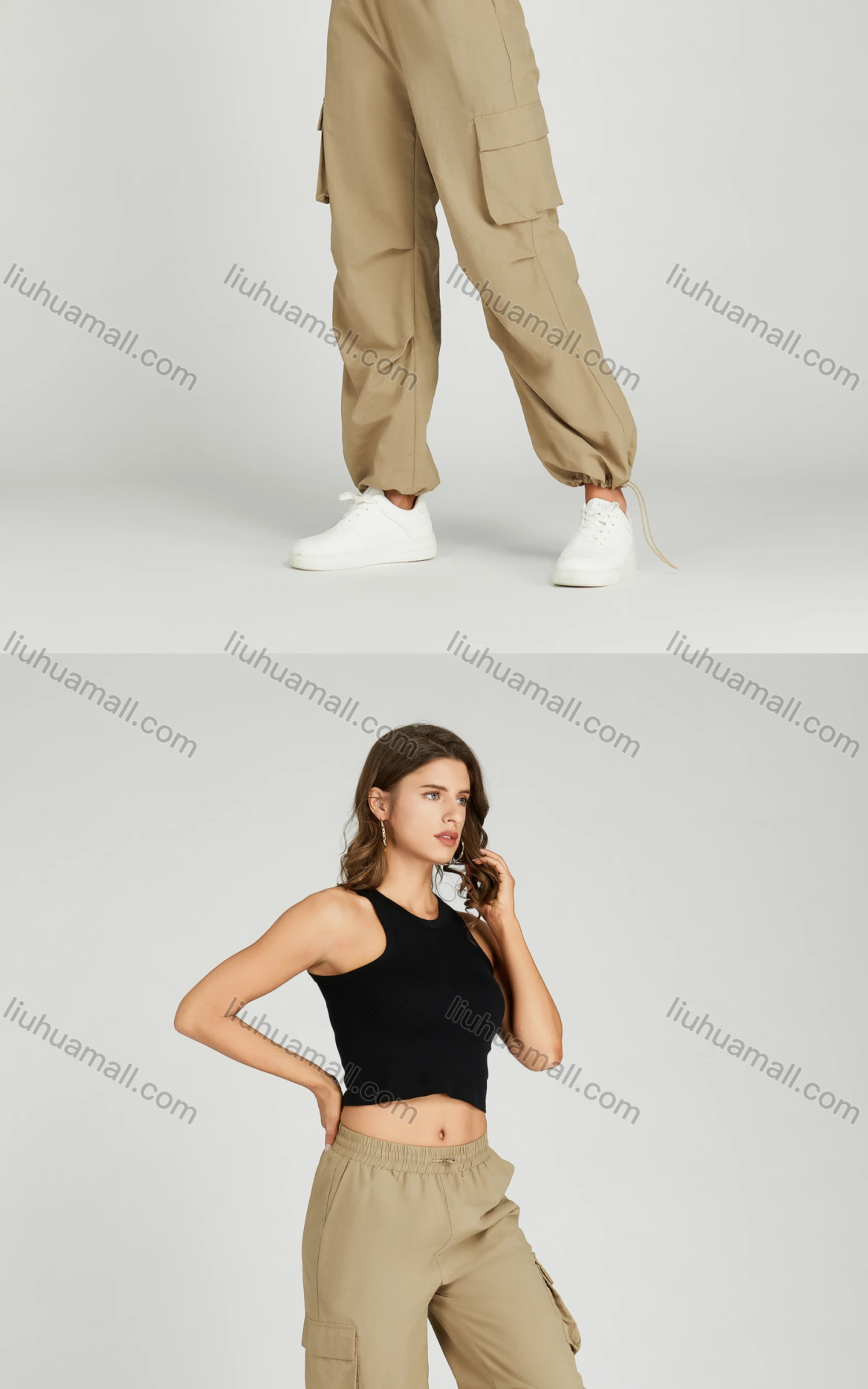 Wholesale Women's Casual Drawstring Flap Pockets Elastic Waist Cargo Pants MT291# - Liuhuamall