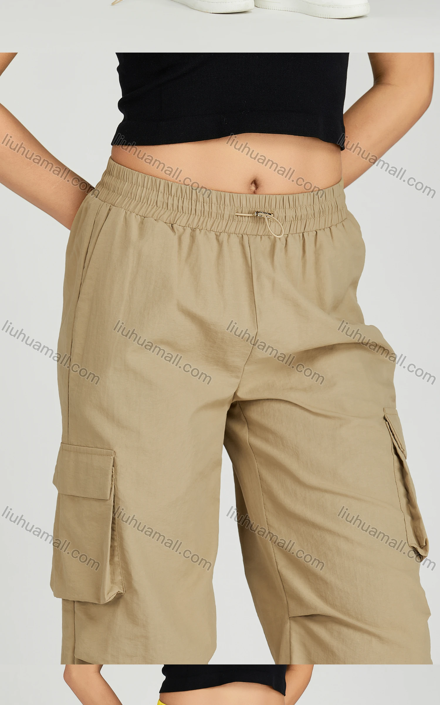 Wholesale Women's Casual Drawstring Flap Pockets Elastic Waist Cargo Pants MT291# - Liuhuamall